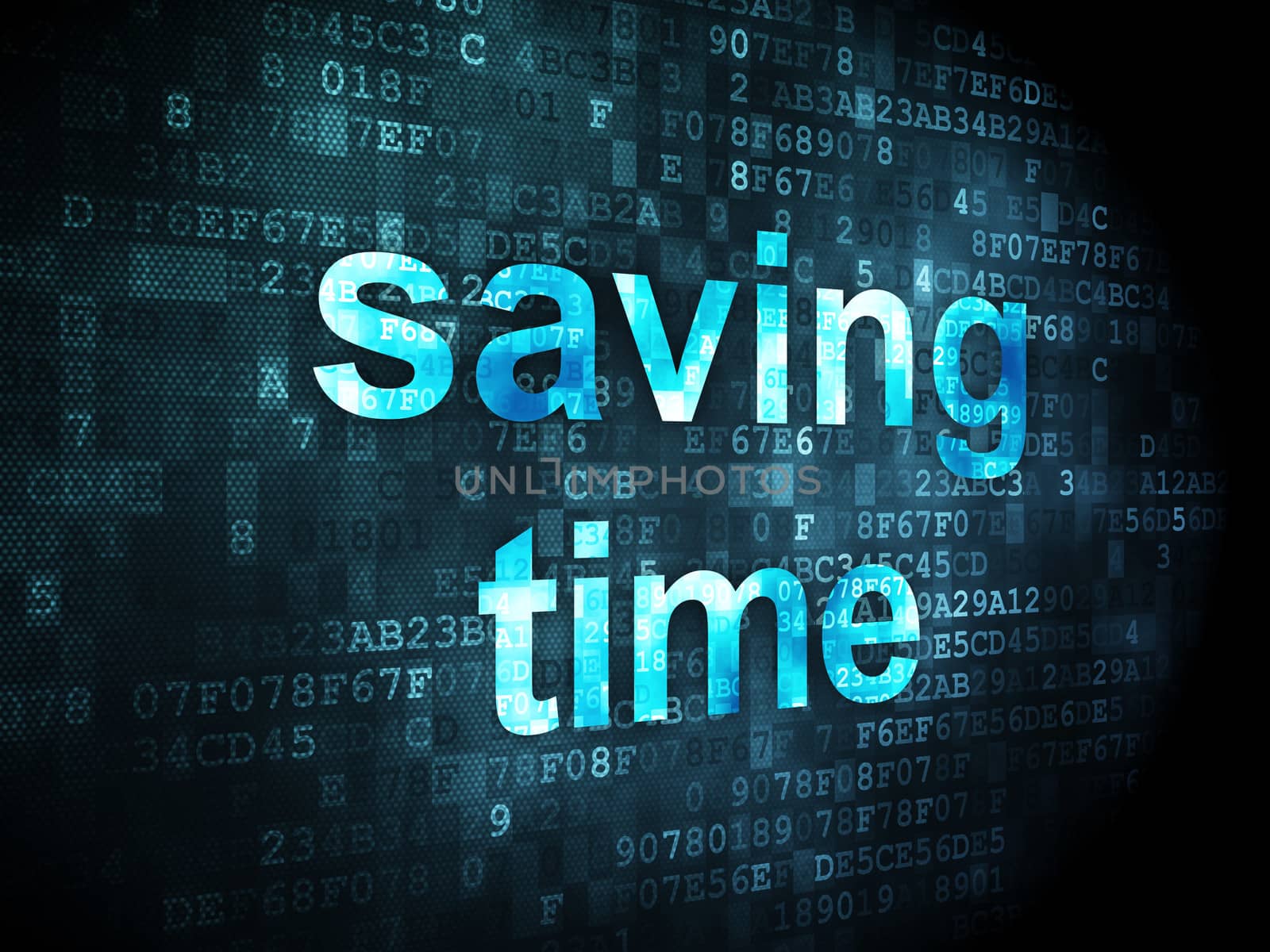 Timeline concept: pixelated words Saving Time on digital background, 3d render