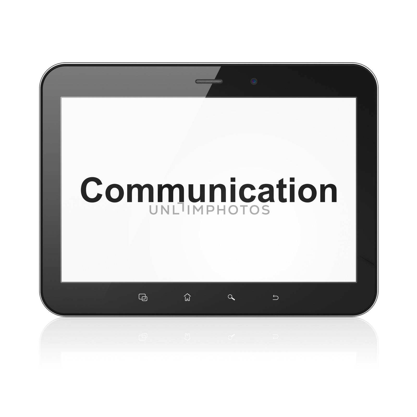 Marketing concept: black tablet pc computer with text Communication on display. Modern portable touch pad on White background, 3d render