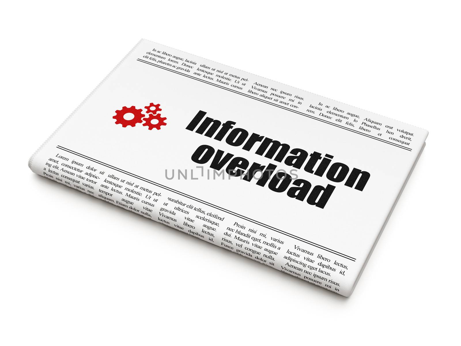 Data concept: newspaper headline Information Overload and Gears icon on White background, 3d render