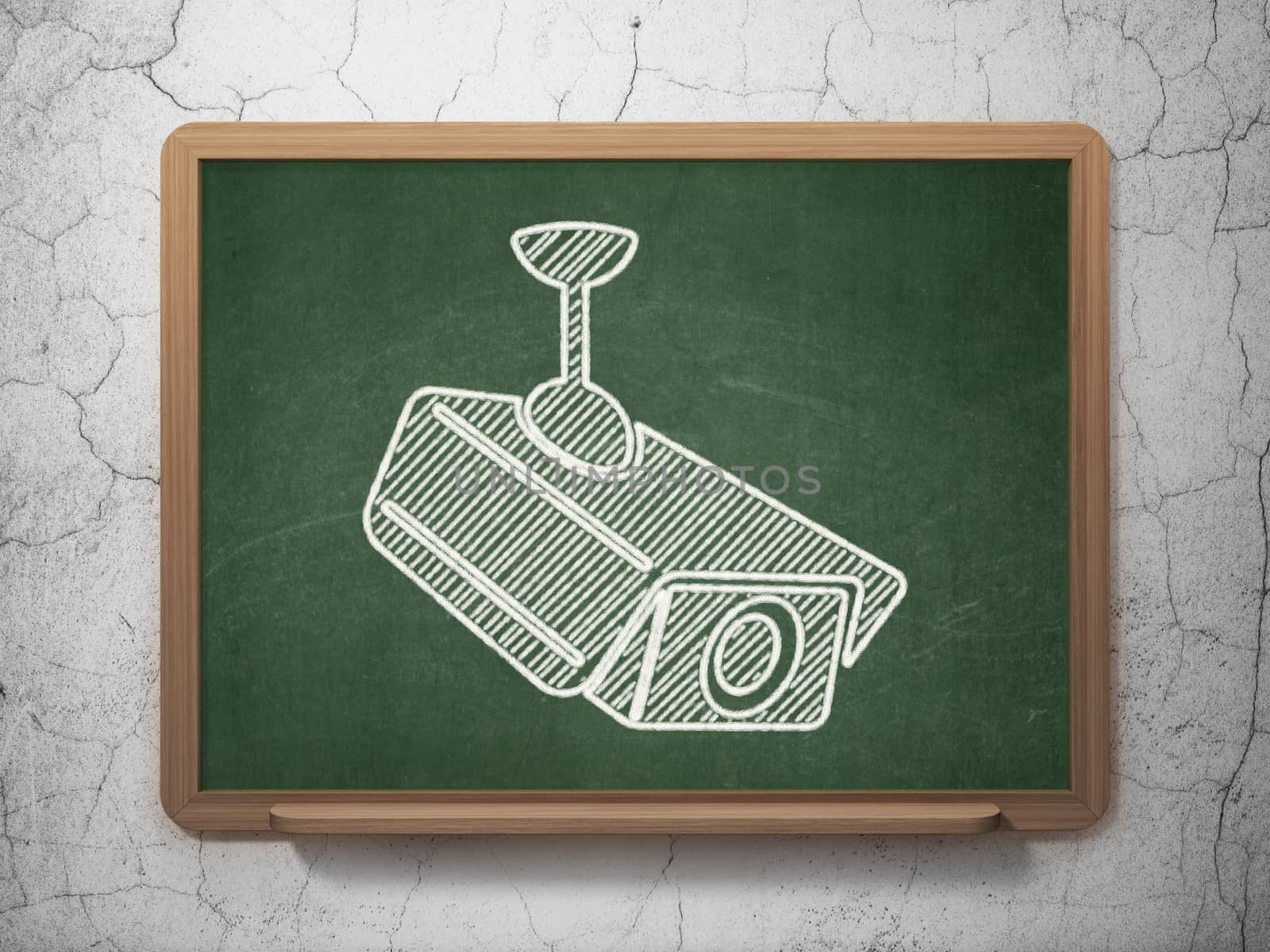 Privacy concept: Cctv Camera icon on Green chalkboard on grunge wall background, 3d render
