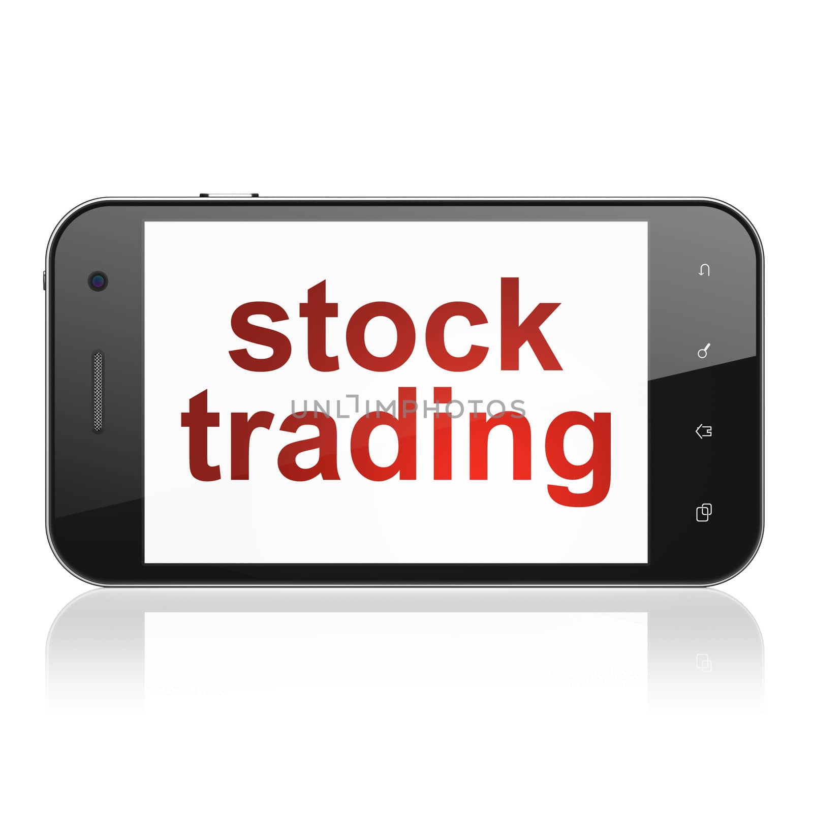 Business concept: smartphone with text Stock Trading on display. Mobile smart phone on White background, cell phone 3d render