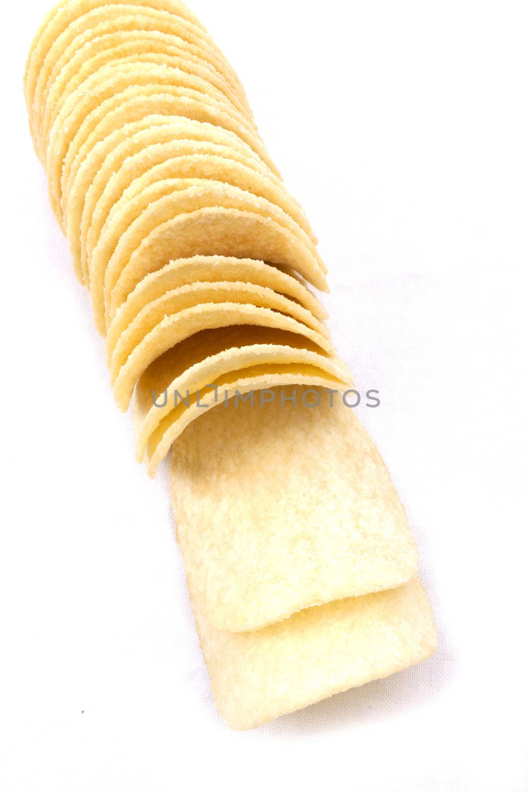 Tasty potato crisps (chips) isolated on a white background