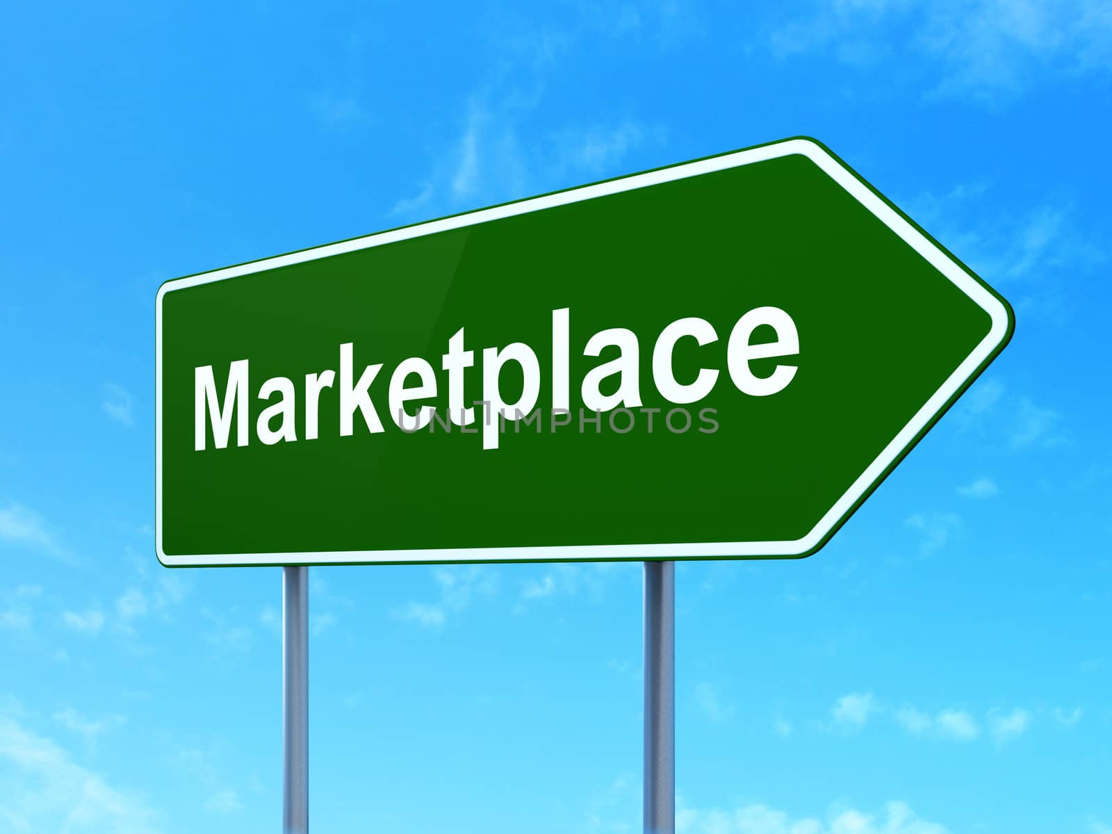 Advertising concept: Marketplace on green road (highway) sign, clear blue sky background, 3d render