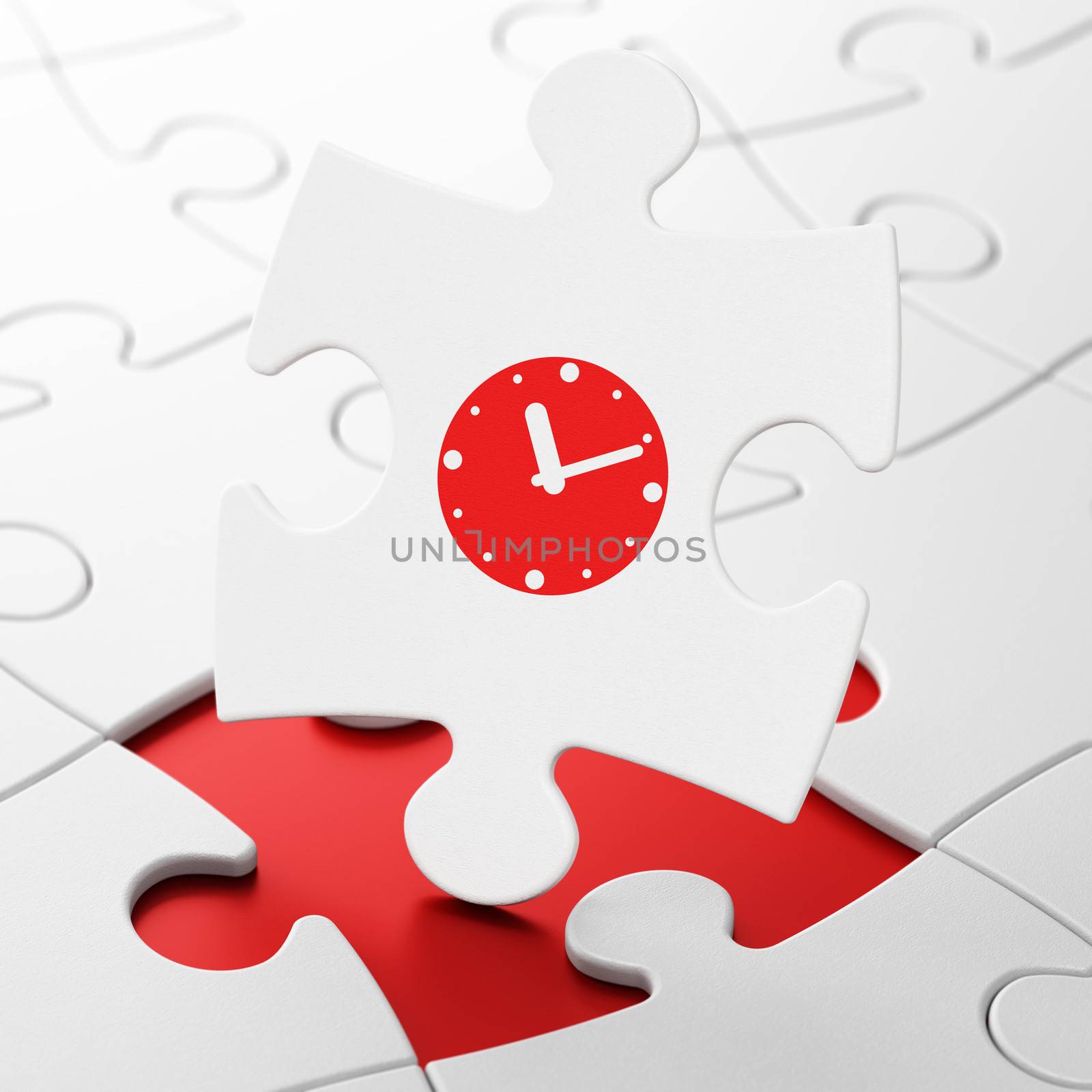 Timeline concept: Clock on White puzzle pieces background, 3d render