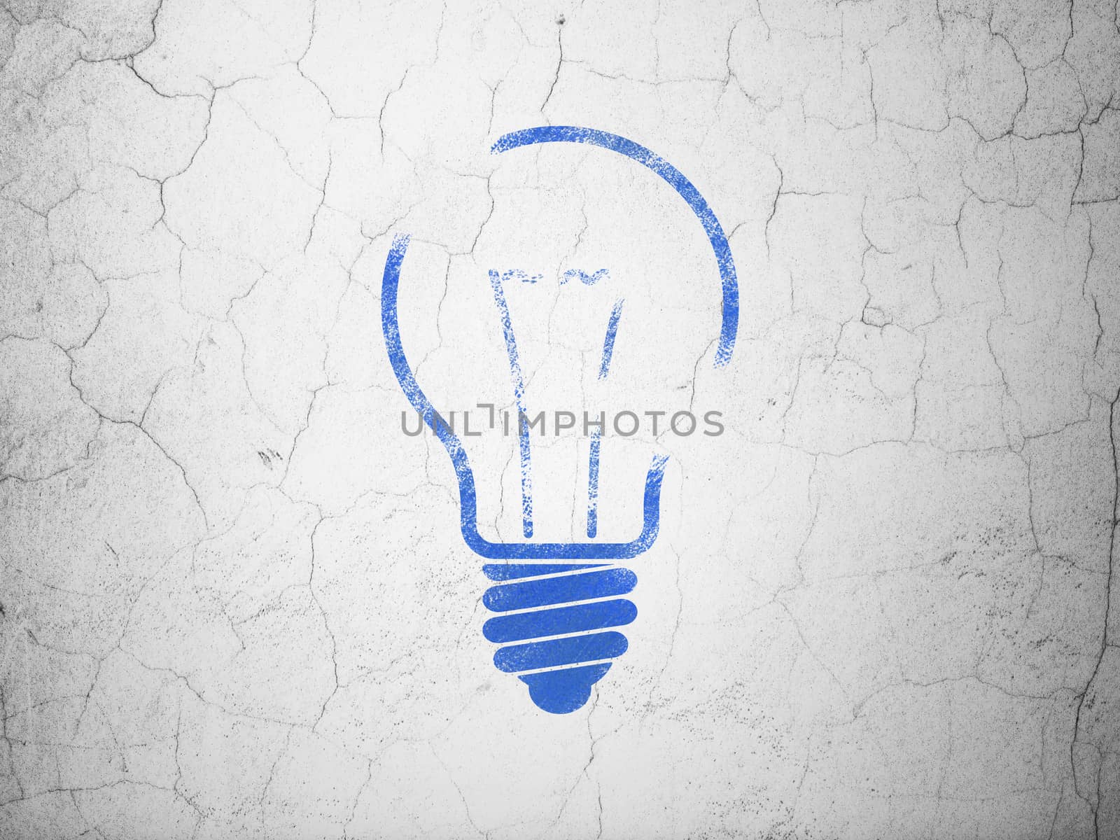 Business concept: Blue Light Bulb on textured concrete wall background, 3d render