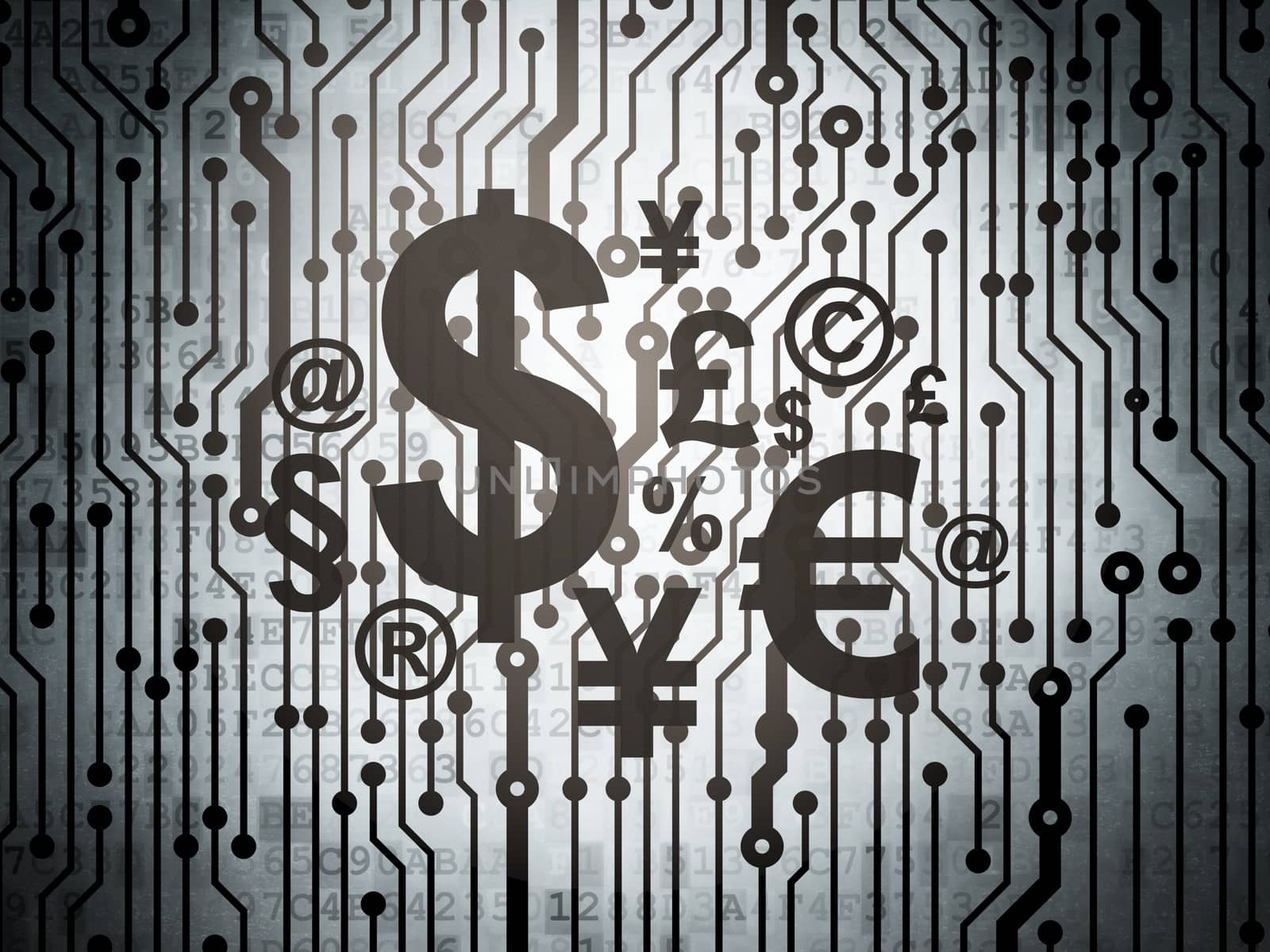 Advertising concept: circuit board with  Finance Symbol icon, 3d render