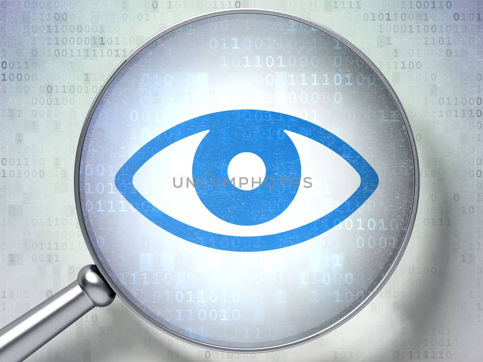 Safety concept: magnifying optical glass with Eye icon on digital background, 3d render