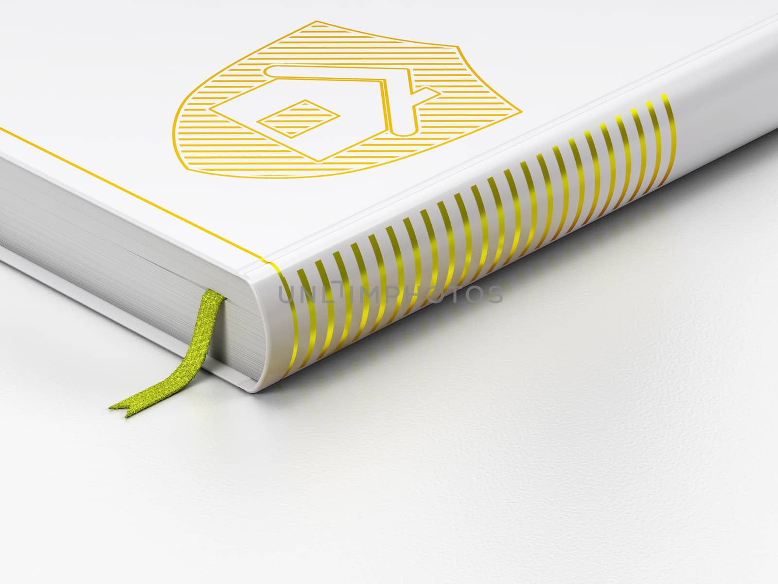 Finance concept: closed book with Gold Shield icon on floor, white background, 3d render