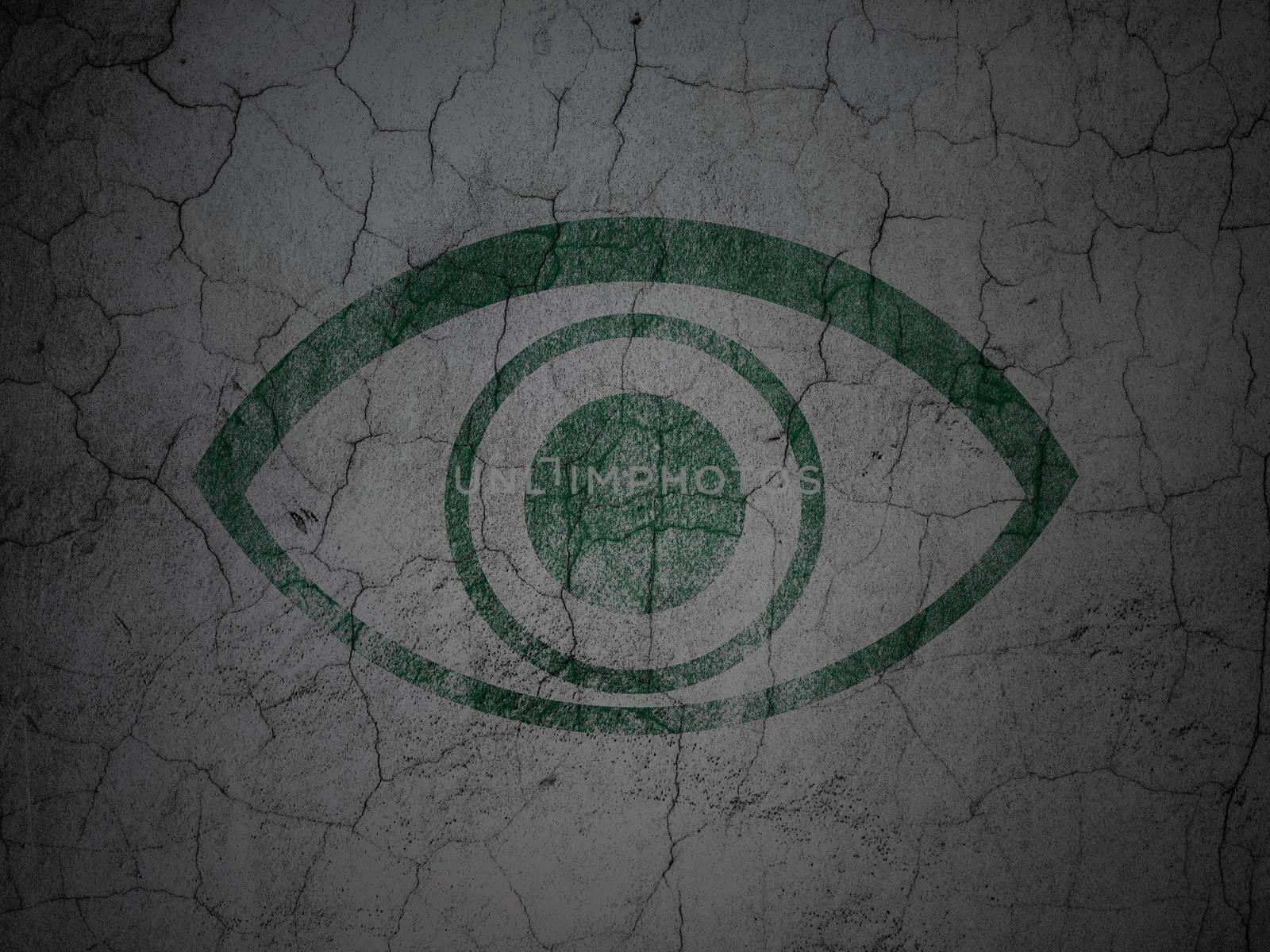 Security concept: Green Eye on grunge textured concrete wall background, 3d render