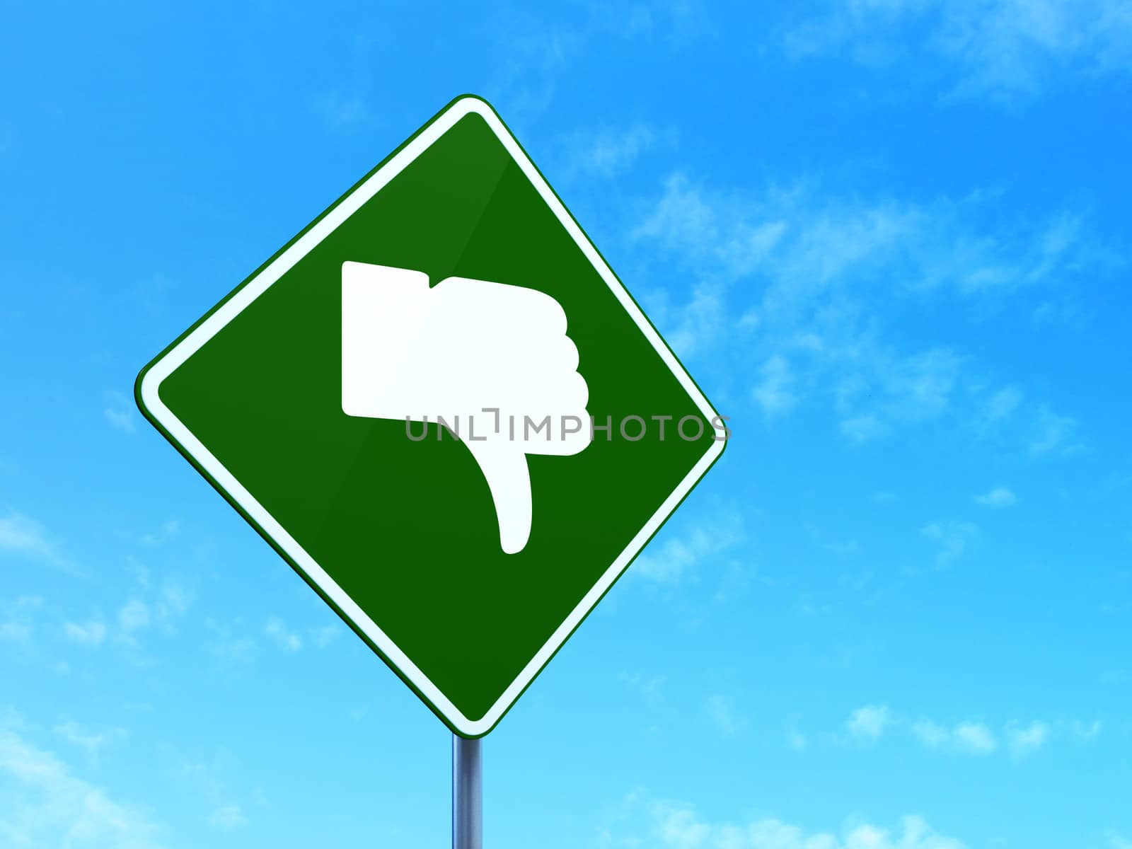 Social media concept: Thumb Down on green road (highway) sign, clear blue sky background, 3d render