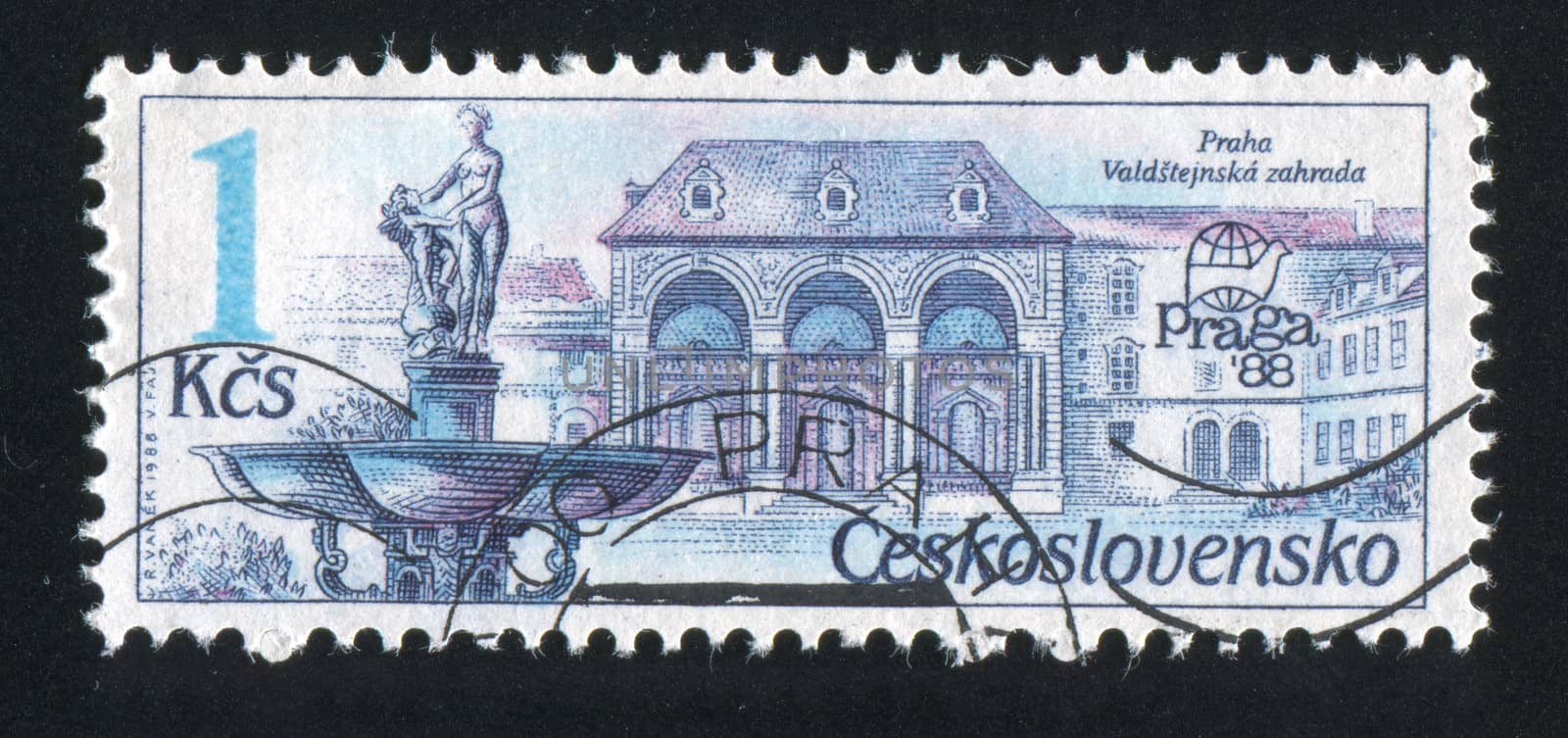 CZECHOSLOVAKIA - CIRCA 1988: stamp printed by Czechoslovakia, shows Exhibition emblem and fountains, Prague, circa 1988