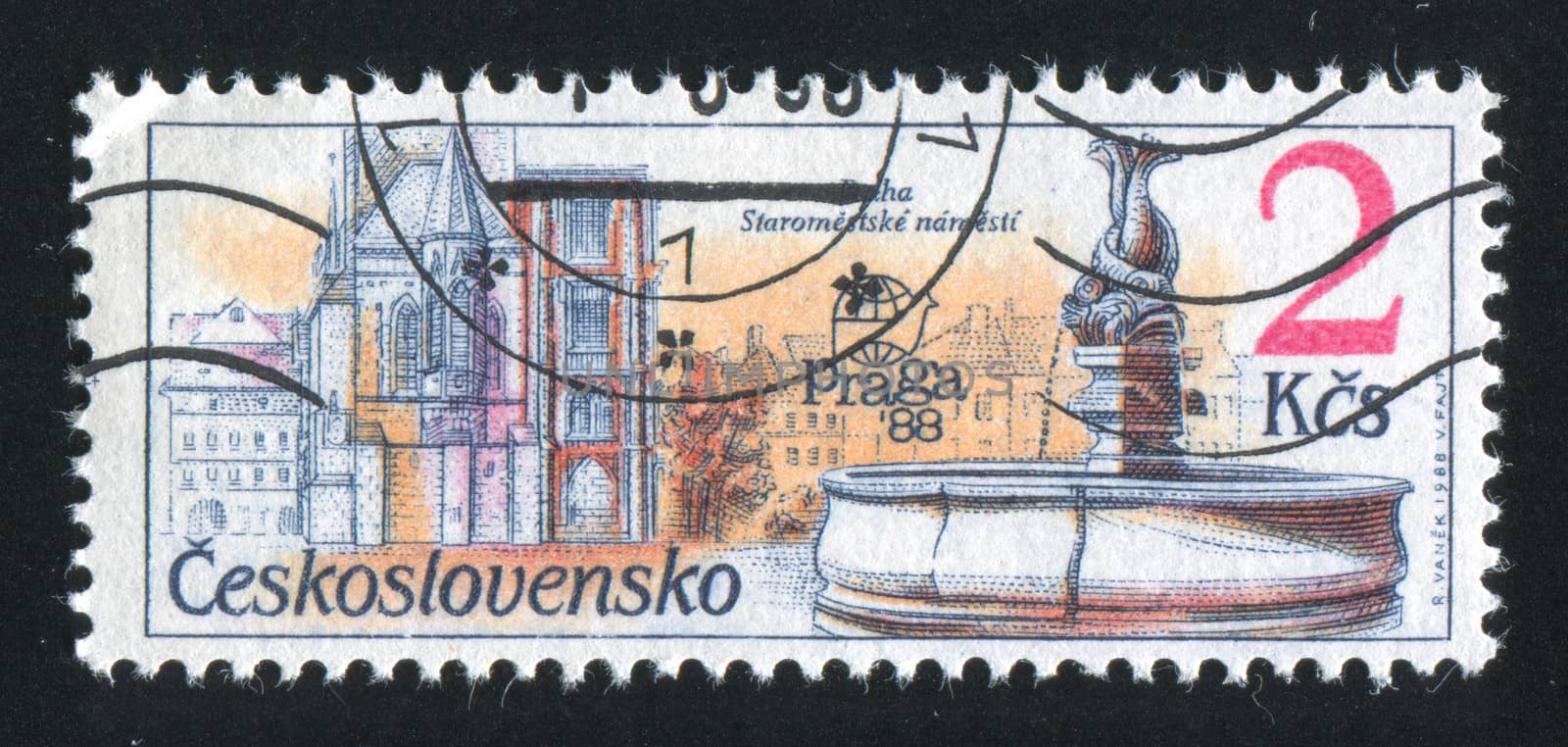 CZECHOSLOVAKIA - CIRCA 1988: stamp printed by Czechoslovakia, shows Exhibition emblem and Old town square, circa 1988