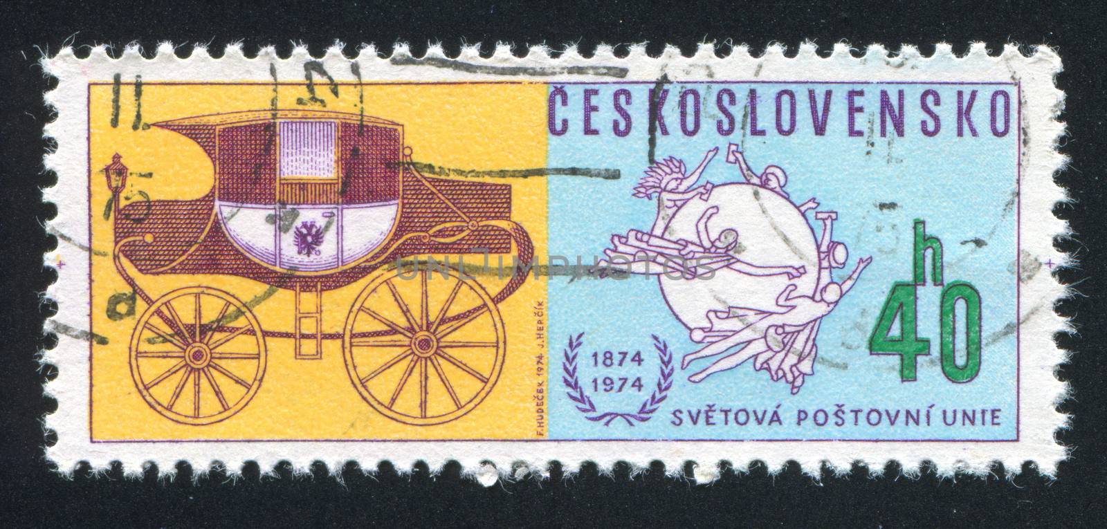 CZECHOSLOVAKIA - CIRCA 1974: stamp printed by Czechoslovakia, shows Universal Postal Union Emblem and Mail coach, circa 1974