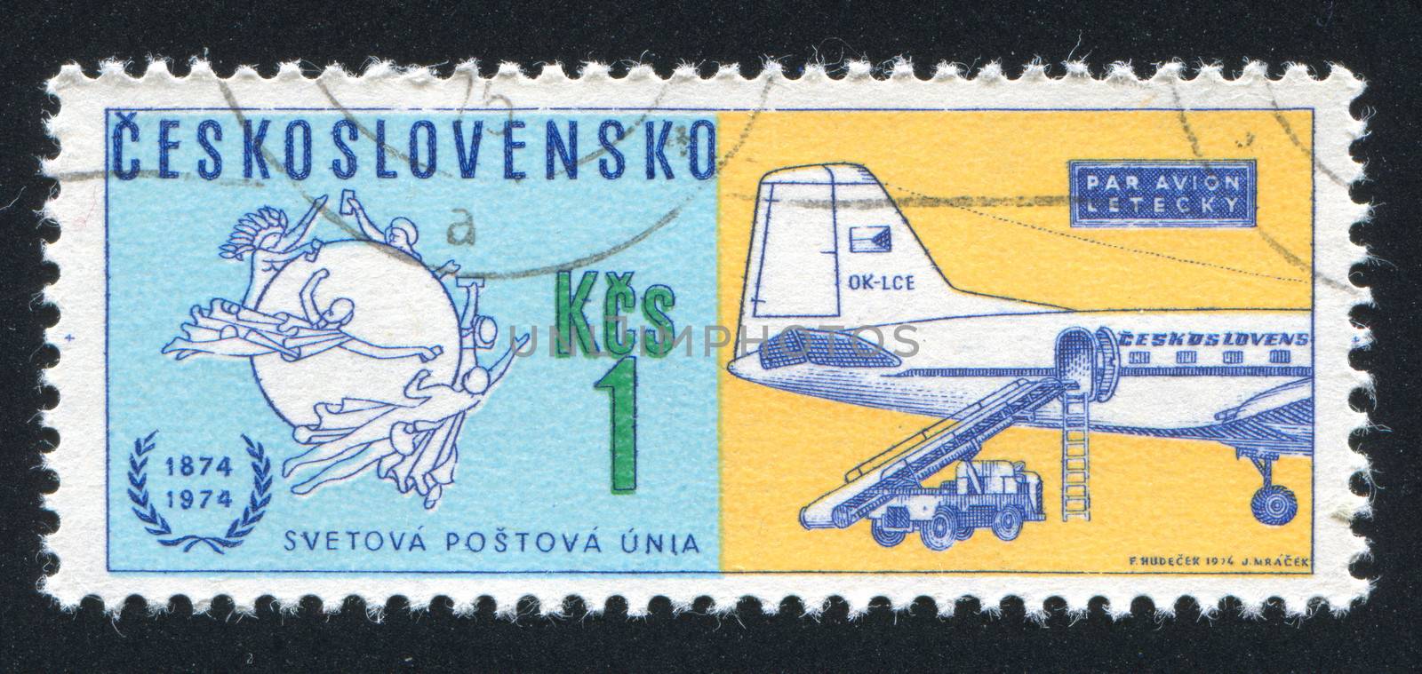 CZECHOSLOVAKIA - CIRCA 1974: stamp printed by Czechoslovakia, shows Universal Postal Union Emblem and Czechoslovak Airlines mail plane, circa 1974