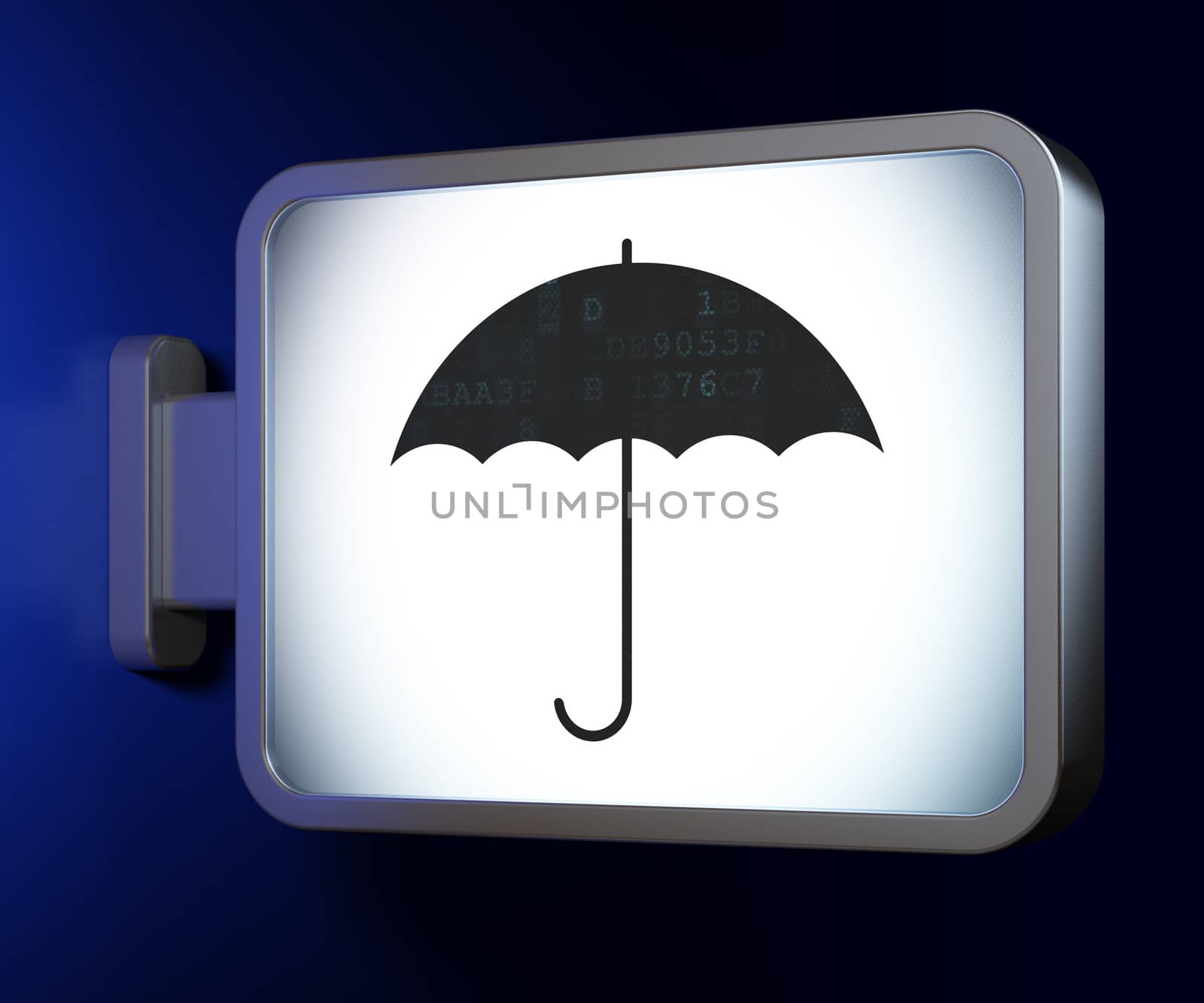 Security concept: Umbrella on advertising billboard background, 3d render