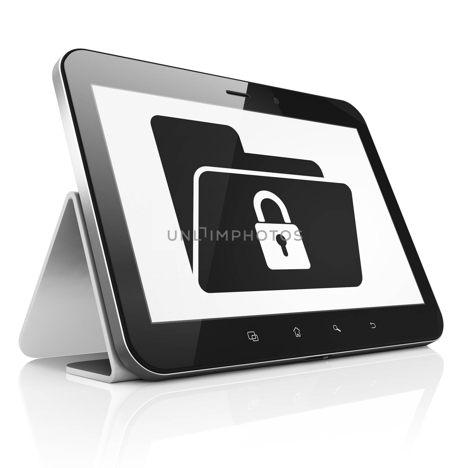 Finance concept: black tablet pc computer with Folder With Lock icon on display. Modern portable touch pad on White background, 3d render