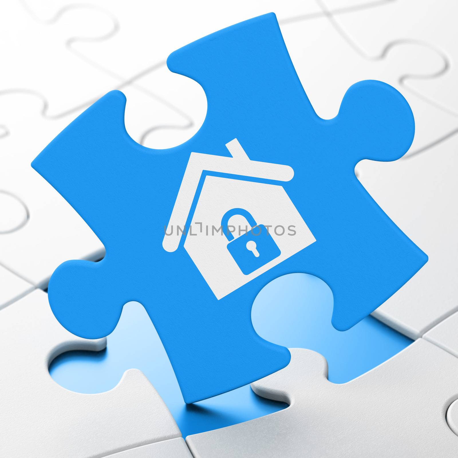Finance concept: Home on Blue puzzle pieces background, 3d render