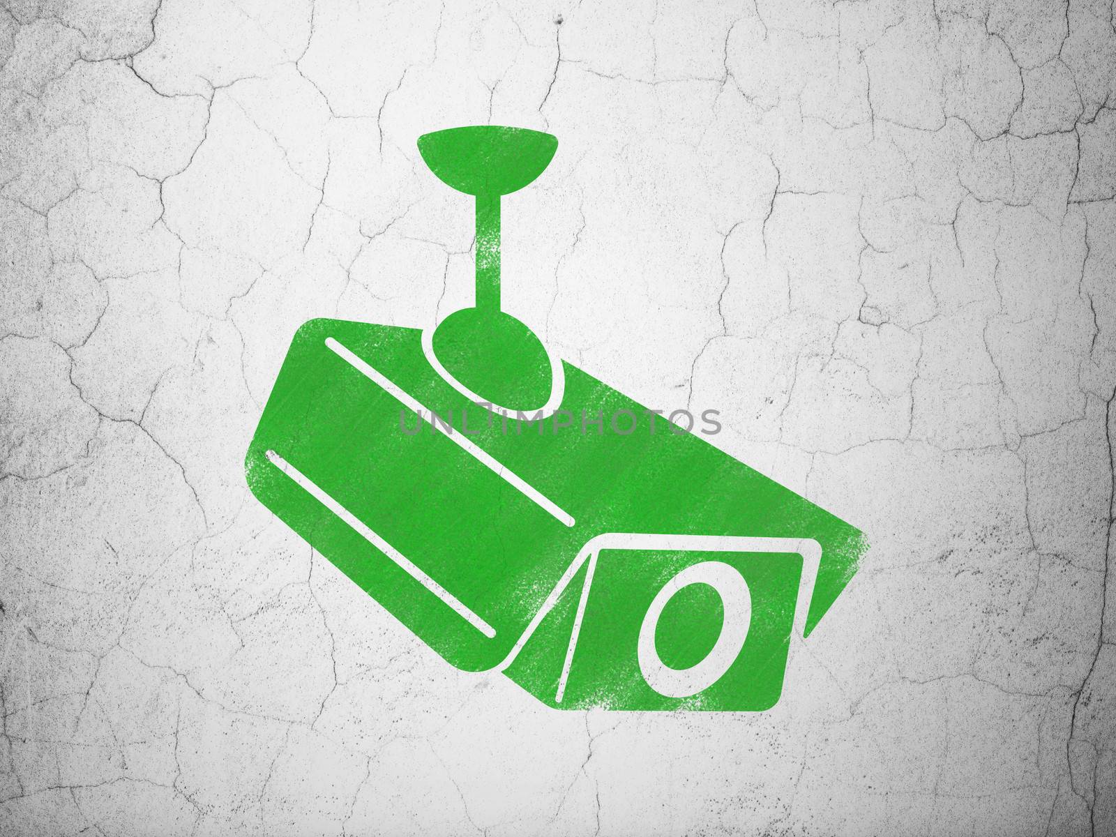 Security concept: Green Cctv Camera on textured concrete wall background, 3d render
