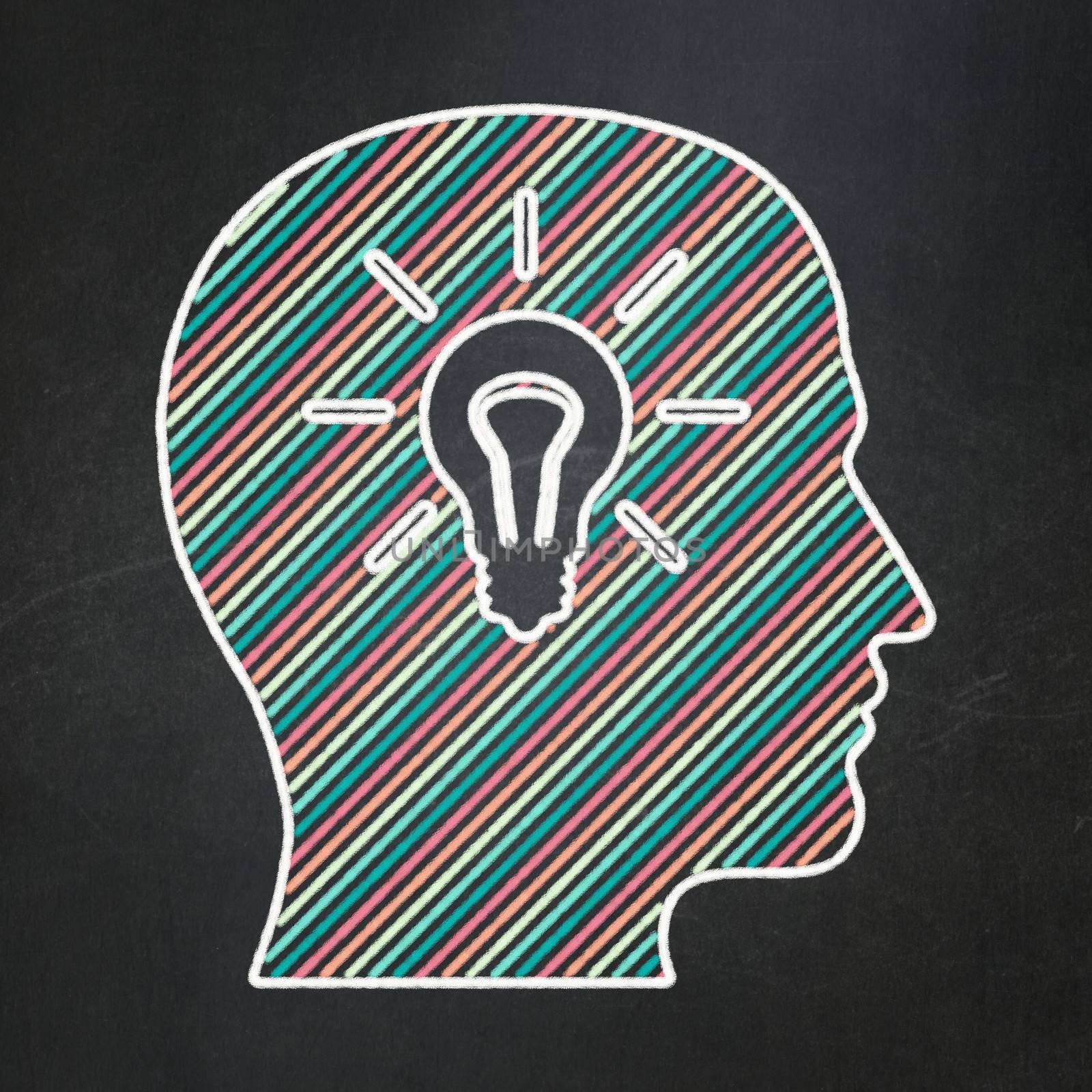 Marketing concept: Head With Light Bulb icon on Black chalkboard background, 3d render