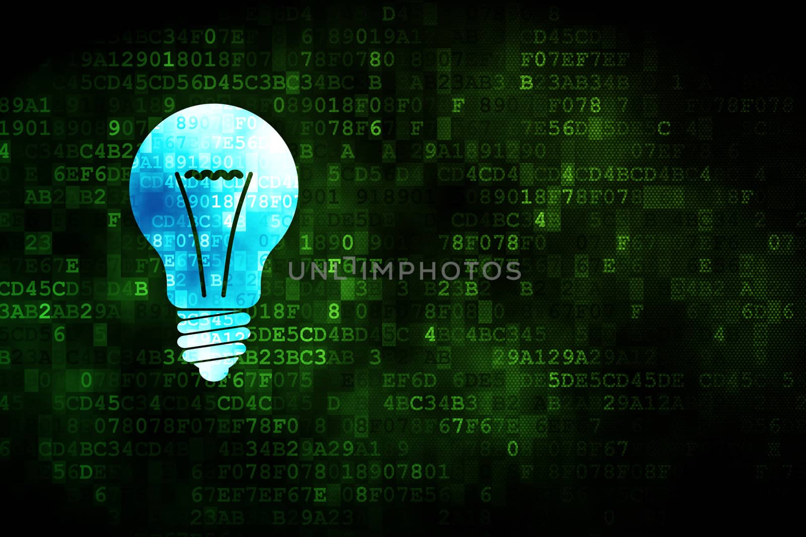 Business concept: pixelated Light Bulb icon on digital background, empty copyspace for card, text, advertising, 3d render
