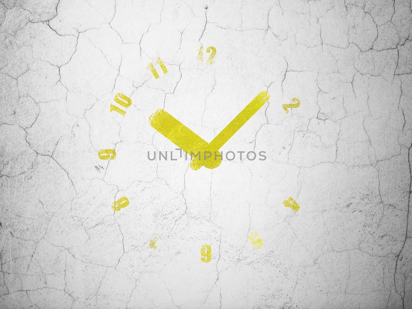 Time concept: Yellow Clock on textured concrete wall background, 3d render