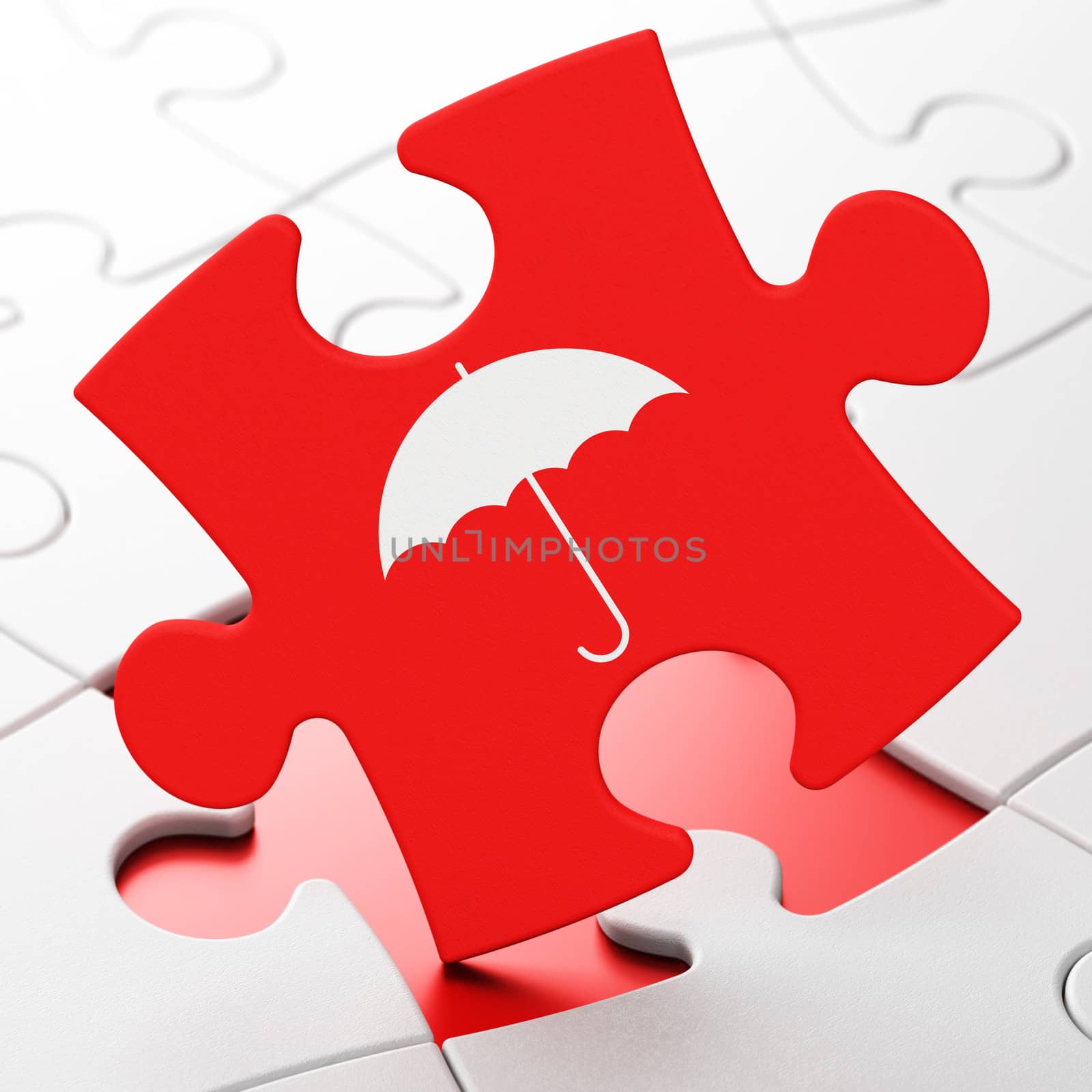 Protection concept: Umbrella on Red puzzle pieces background, 3d render