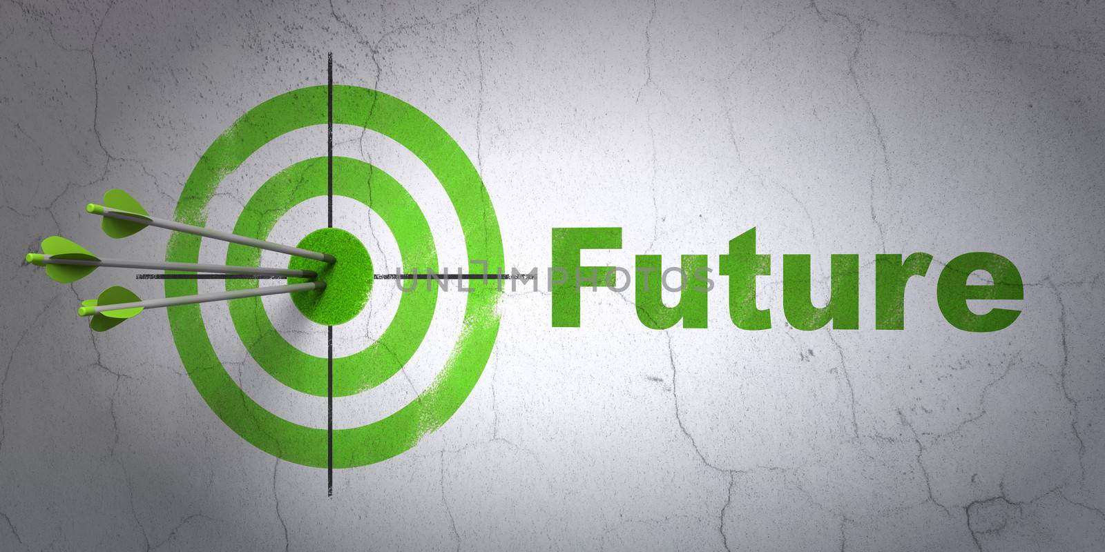 Success timeline concept: arrows hitting the center of target, Green Future on wall background, 3d render
