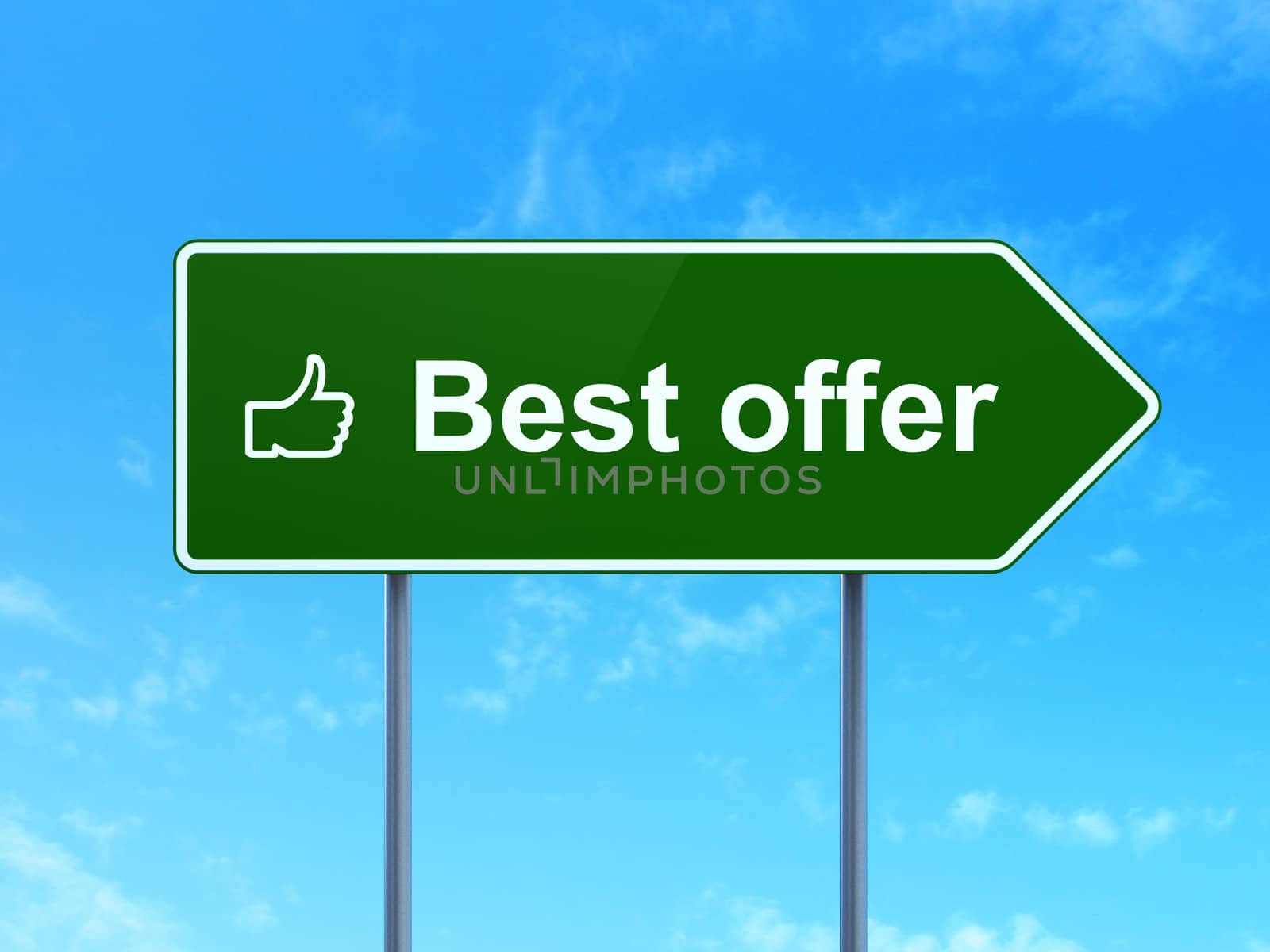 Business concept: Best Offer and Thumb Up icon on green road (highway) sign, clear blue sky background, 3d render
