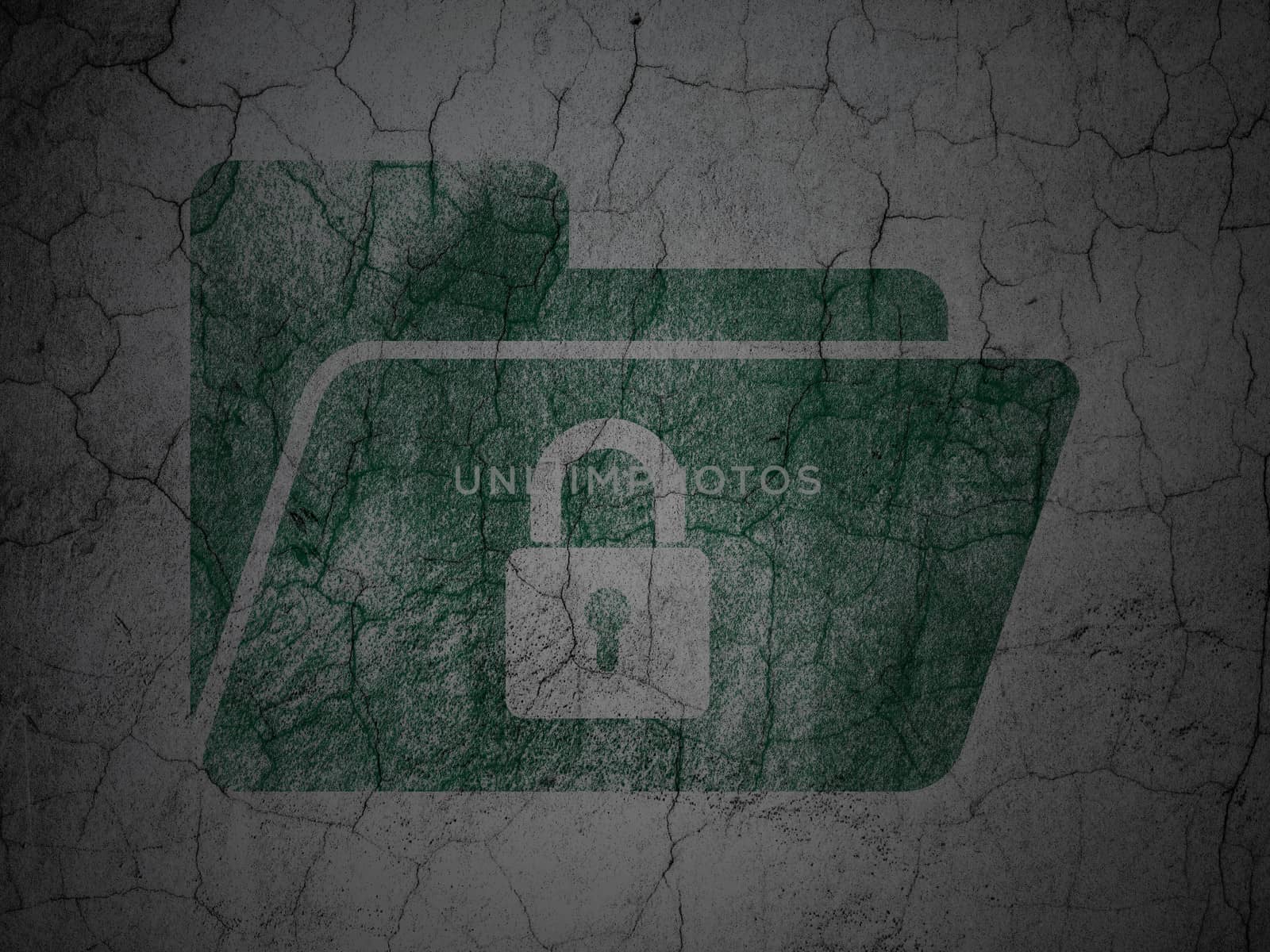 Finance concept: Green Folder With Lock on grunge textured concrete wall background, 3d render
