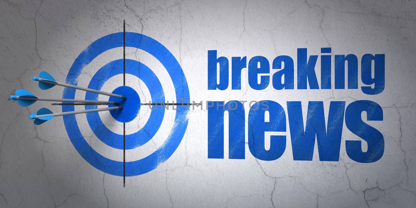 Success news concept: arrows hitting the center of target, Blue Breaking News on wall background, 3d render