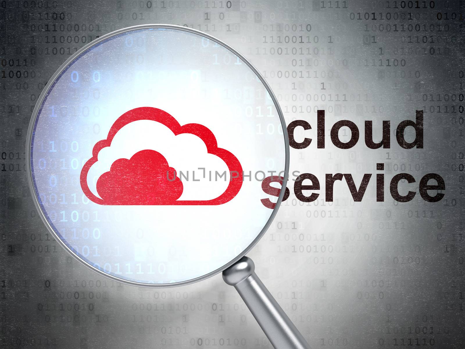 Cloud networking concept: magnifying optical glass with Cloud icon and Cloud Service word on digital background, 3d render