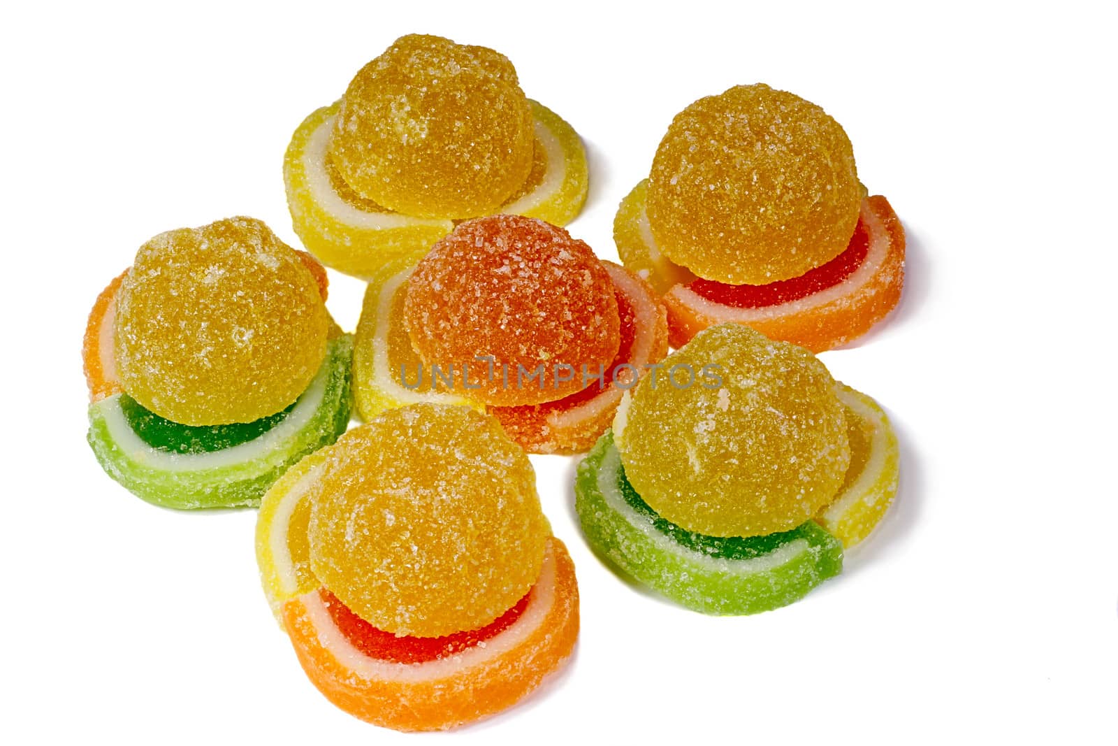 Candy marmalade with various colors and forms. Presented on a white background.