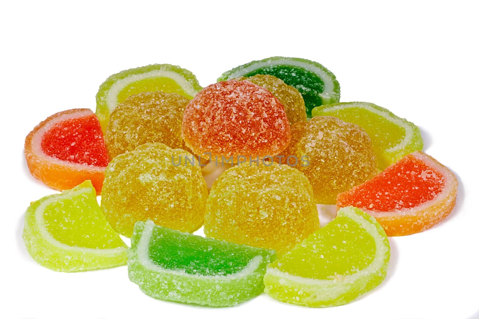 Candy marmalade with various colors and forms. Presented on a white background.