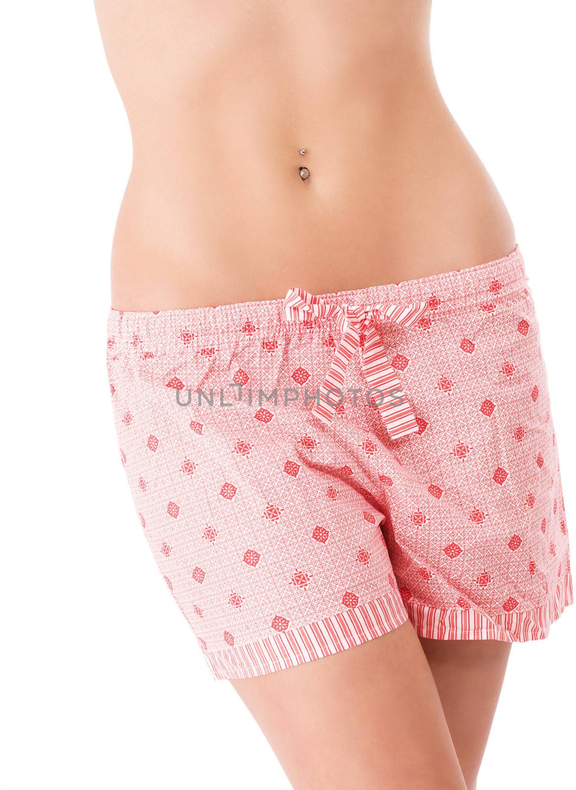 belly of a beautiful woman with cute shorts on white background