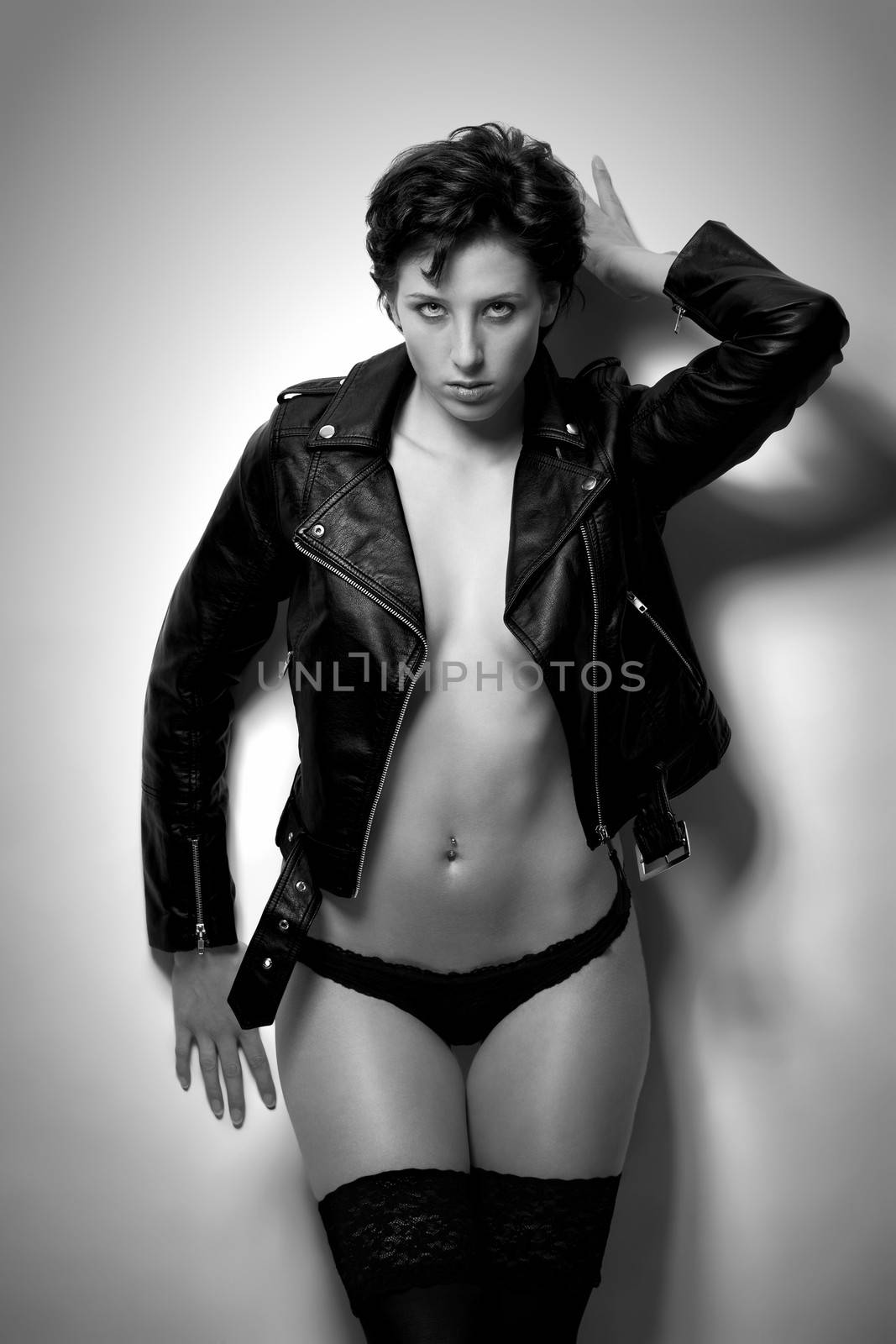 gorgeous woman in leather and lingerie by RobStark