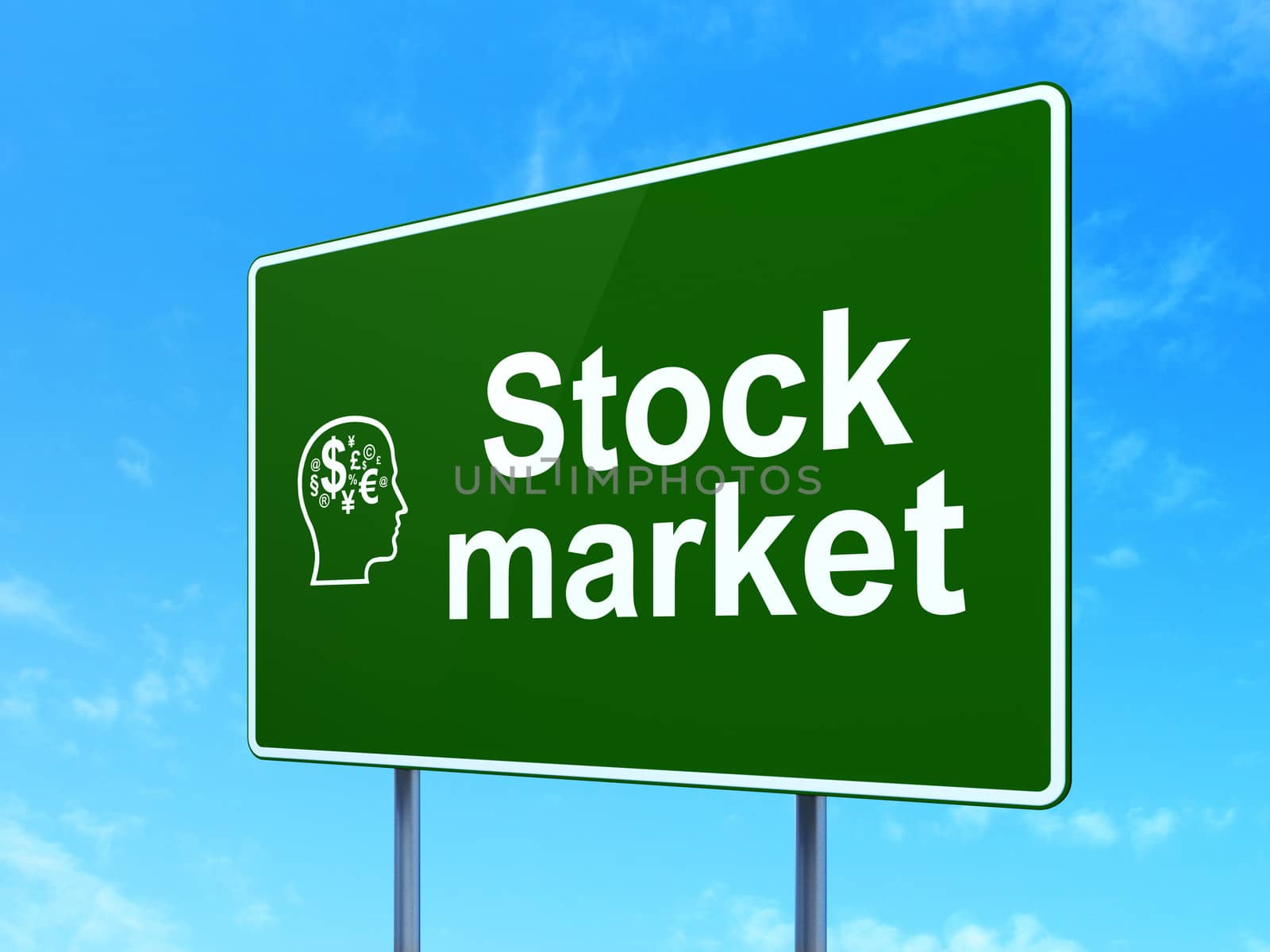 Finance concept: Stock Market and Head With Finance Symbol icon on green road (highway) sign, clear blue sky background, 3d render