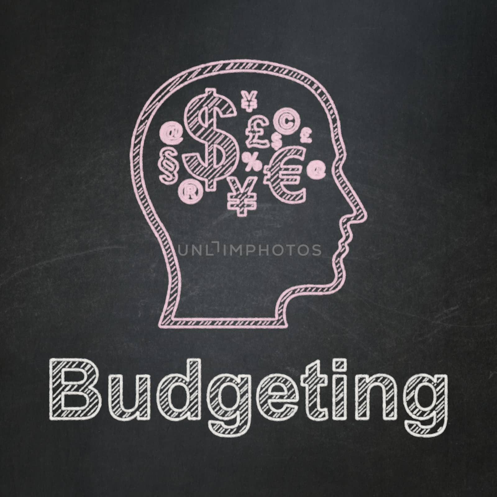 Finance concept: Head With Finance Symbol icon and text Budgeting on Black chalkboard background, 3d render