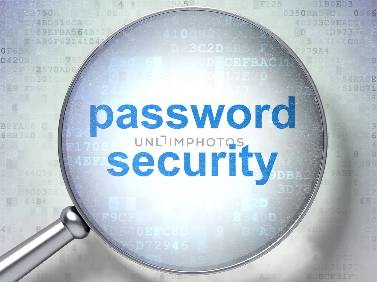 Security concept: magnifying optical glass with words Password Security on digital background, 3d render