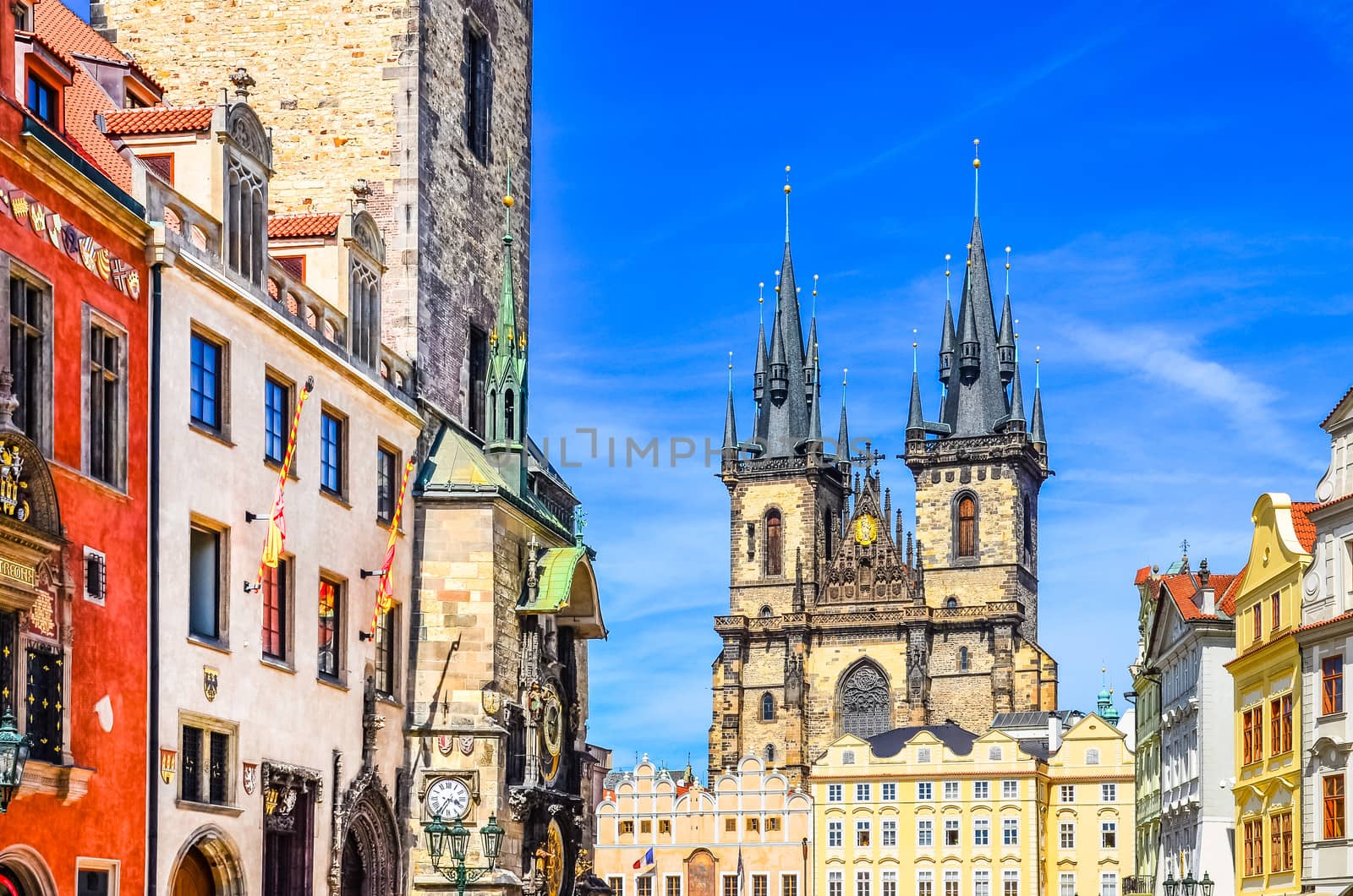 View of colorful Old town and clock tower in Prague, Czech Republic