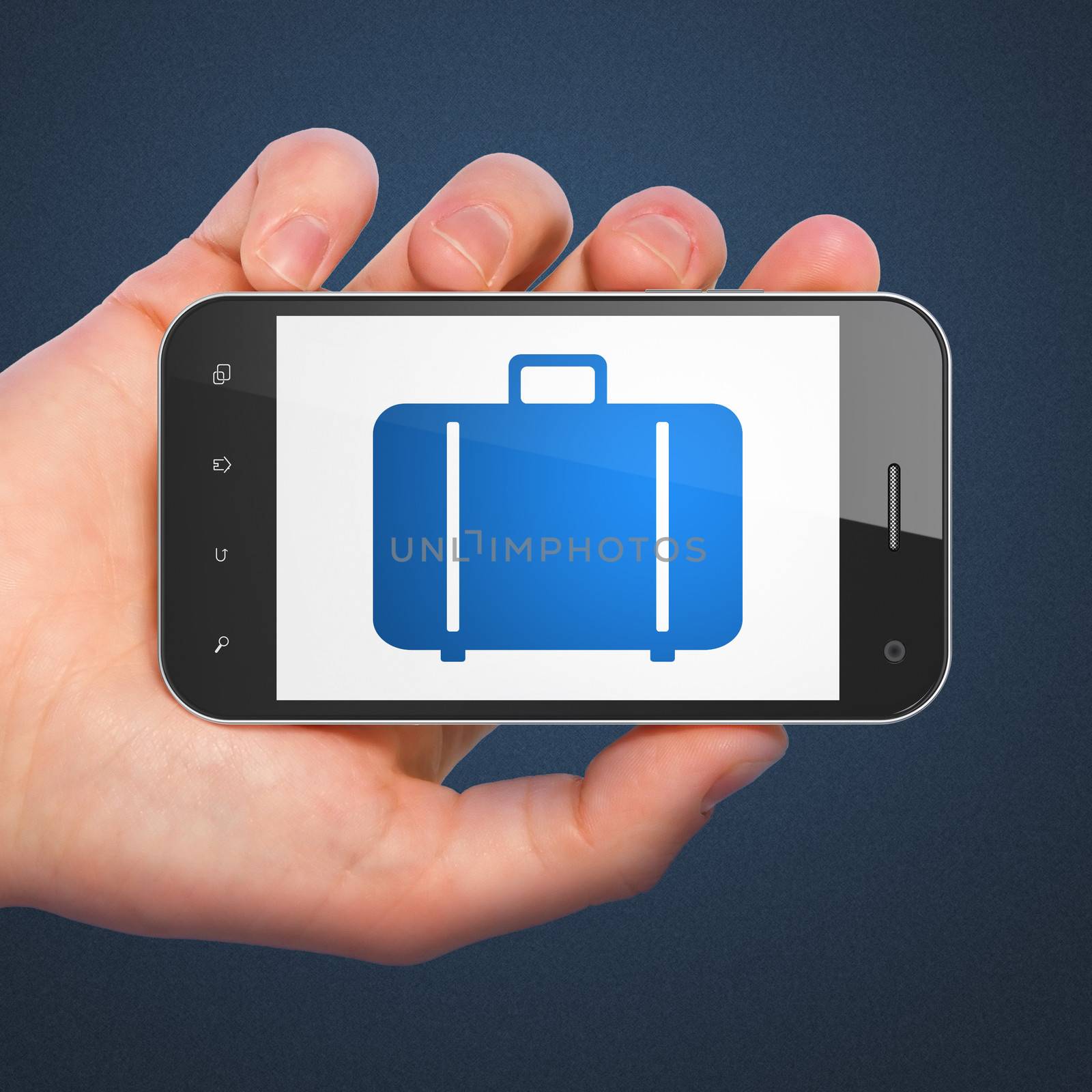 Tourism concept: hand holding smartphone with Bag on display. Mobile smart phone on Blue background, 3d render