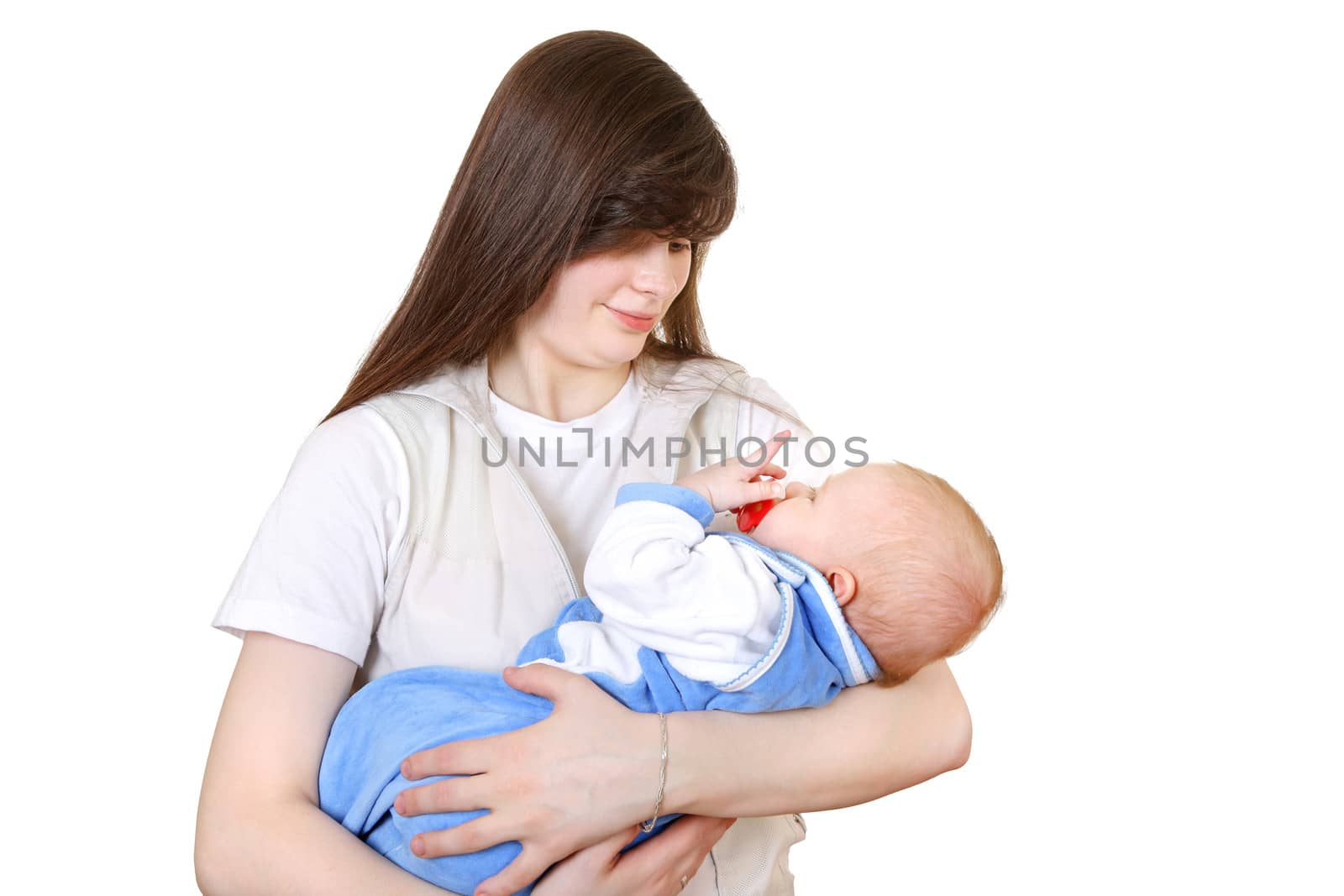 Young Mother holds the beautiful Baby Boy Isolated on the White Background