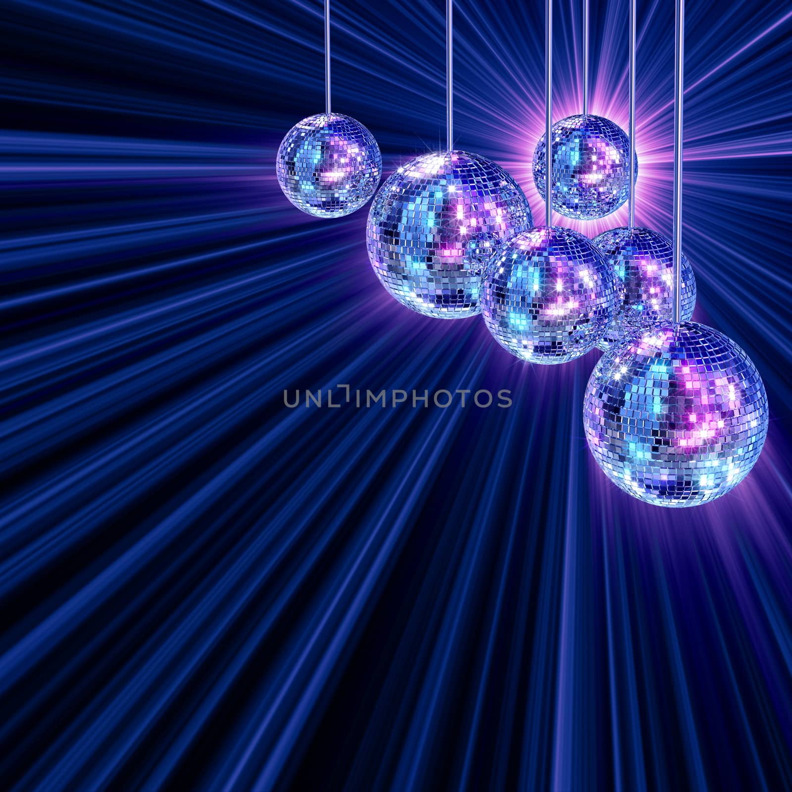 Colorful funky background with mirrored glitter disco balls for party