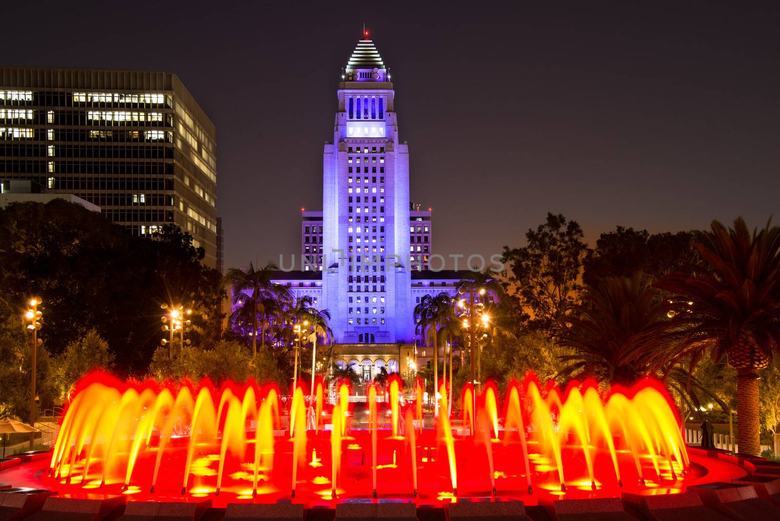 Los Angeles City Hall as seen from the Grand Park at night, Los Angeles, California, USA