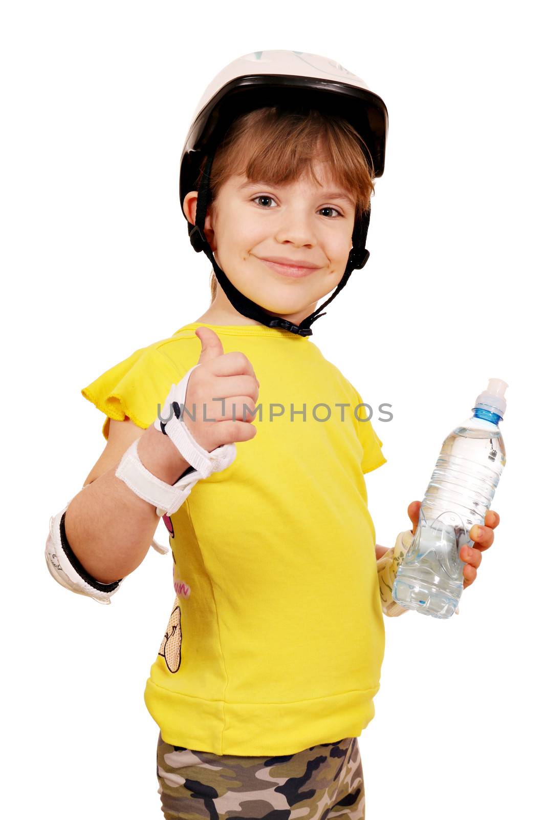 little girl with rolling skater protective gear and thump up by goce