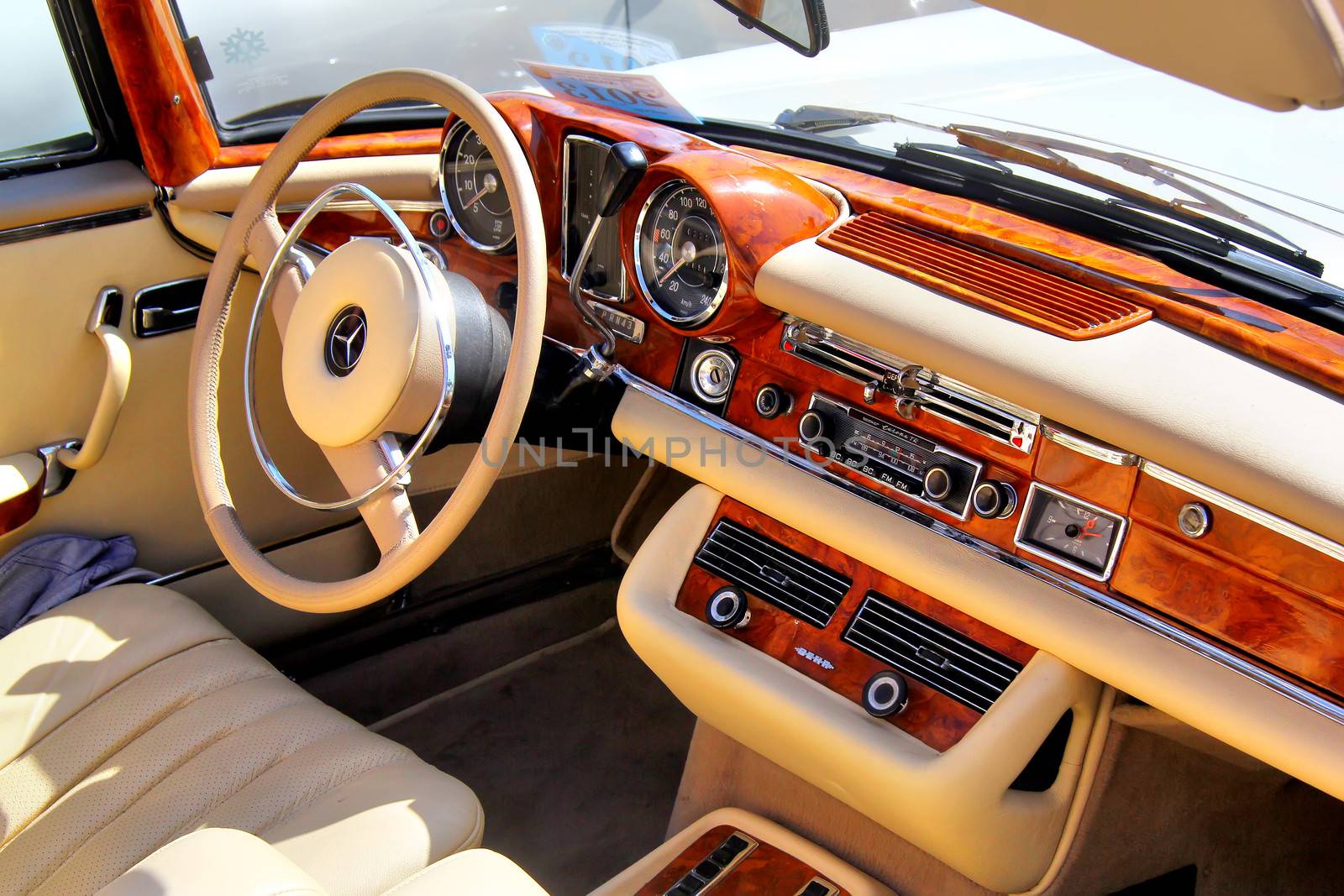 MOSCOW, RUSSIA - JUNE 2: Interior of german motor car Mercedes-Benz W111 S-class taken park at the annual L.U.C. Chopard Classic Weekend Rally on June 2, 2013 in Moscow, Russia.