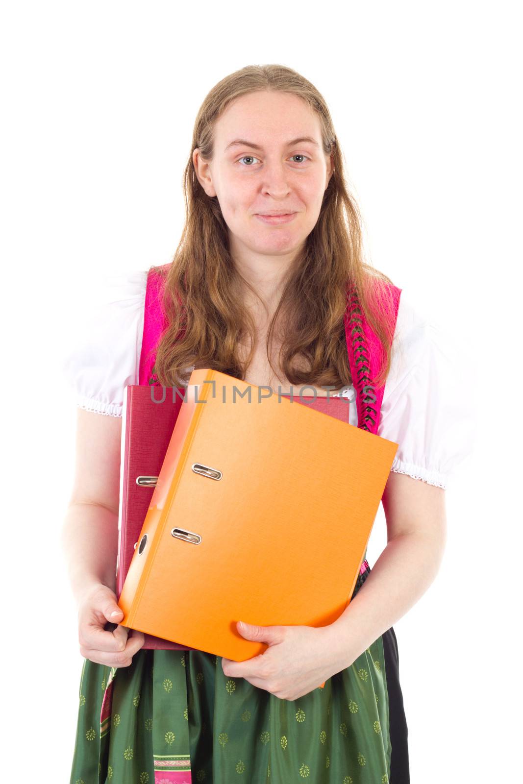 Successful girl in dirndl with some important documents