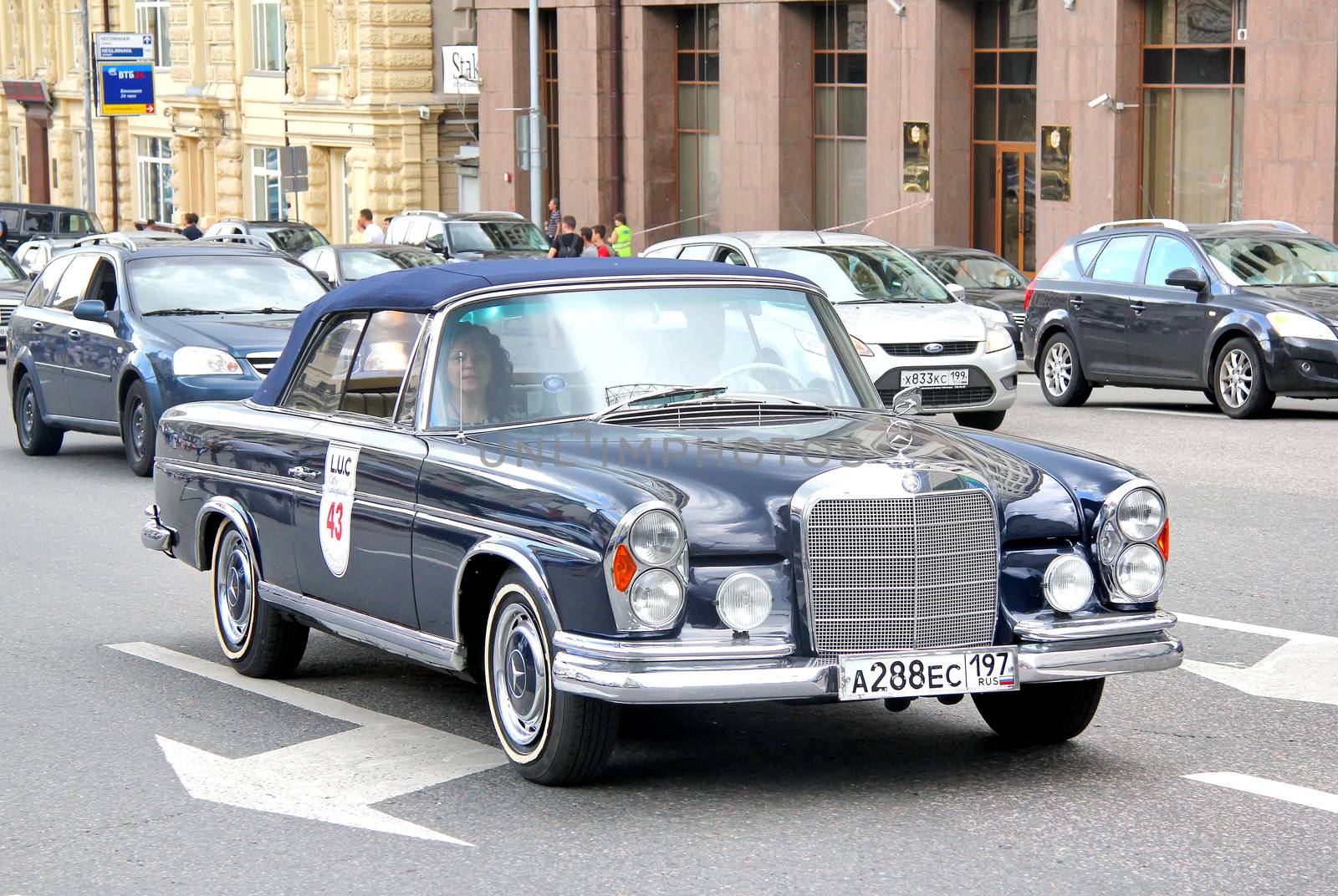 MOSCOW, RUSSIA - JUNE 2: German motor car Mercedes-Benz W111 S-class competes at the annual L.U.C. Chopard Classic Weekend Rally on June 2, 2013 in Moscow, Russia.