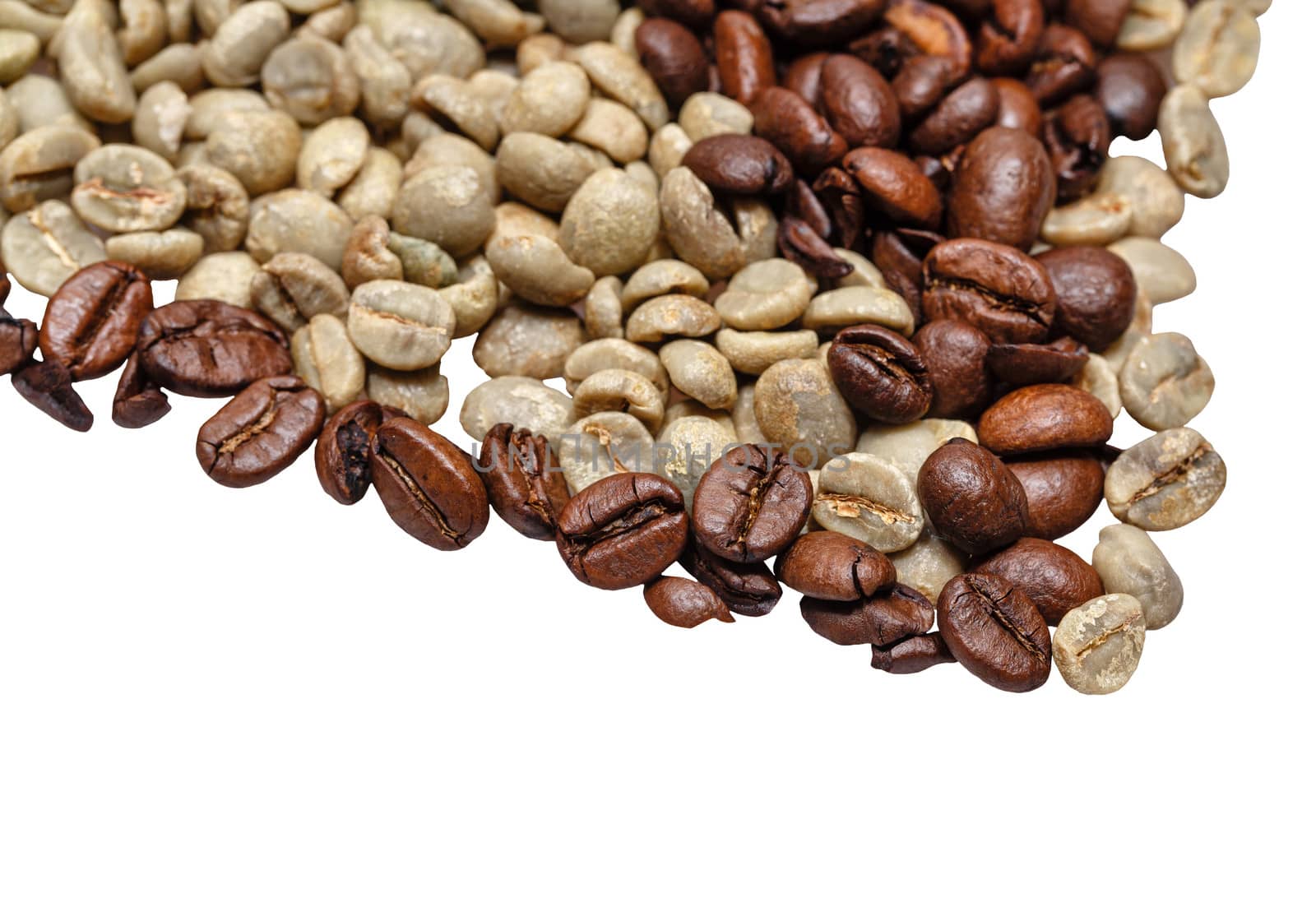 Grain roasted green and black coffee photographed closeup background