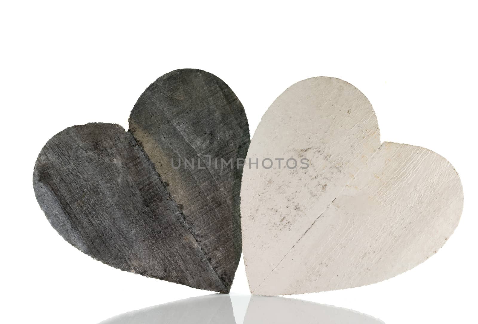 two wooden heart shapes for valentines with space for text isolated on white background
