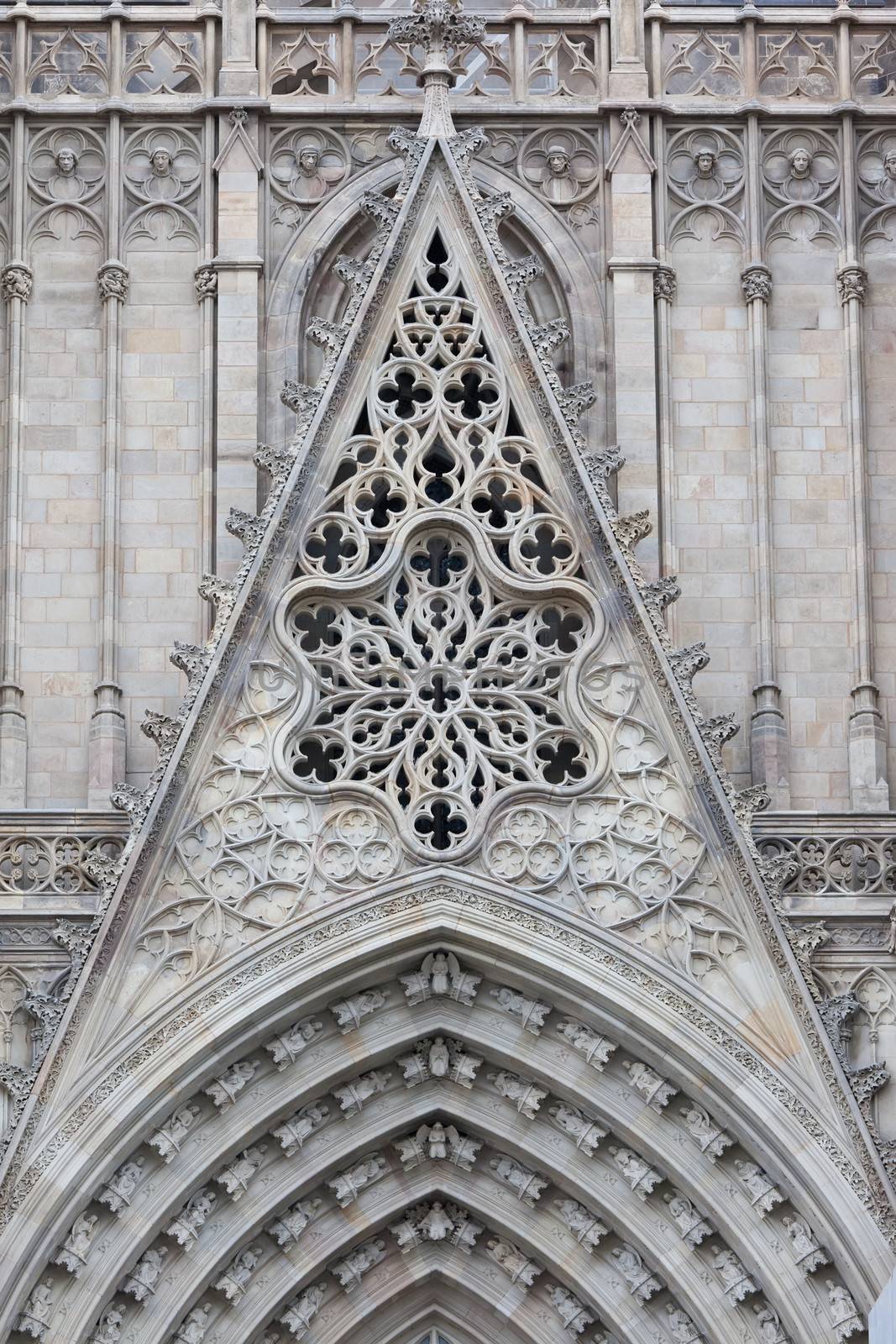 Facade details of famous Gothic Catholic Cathedral, Barcelona, Spain